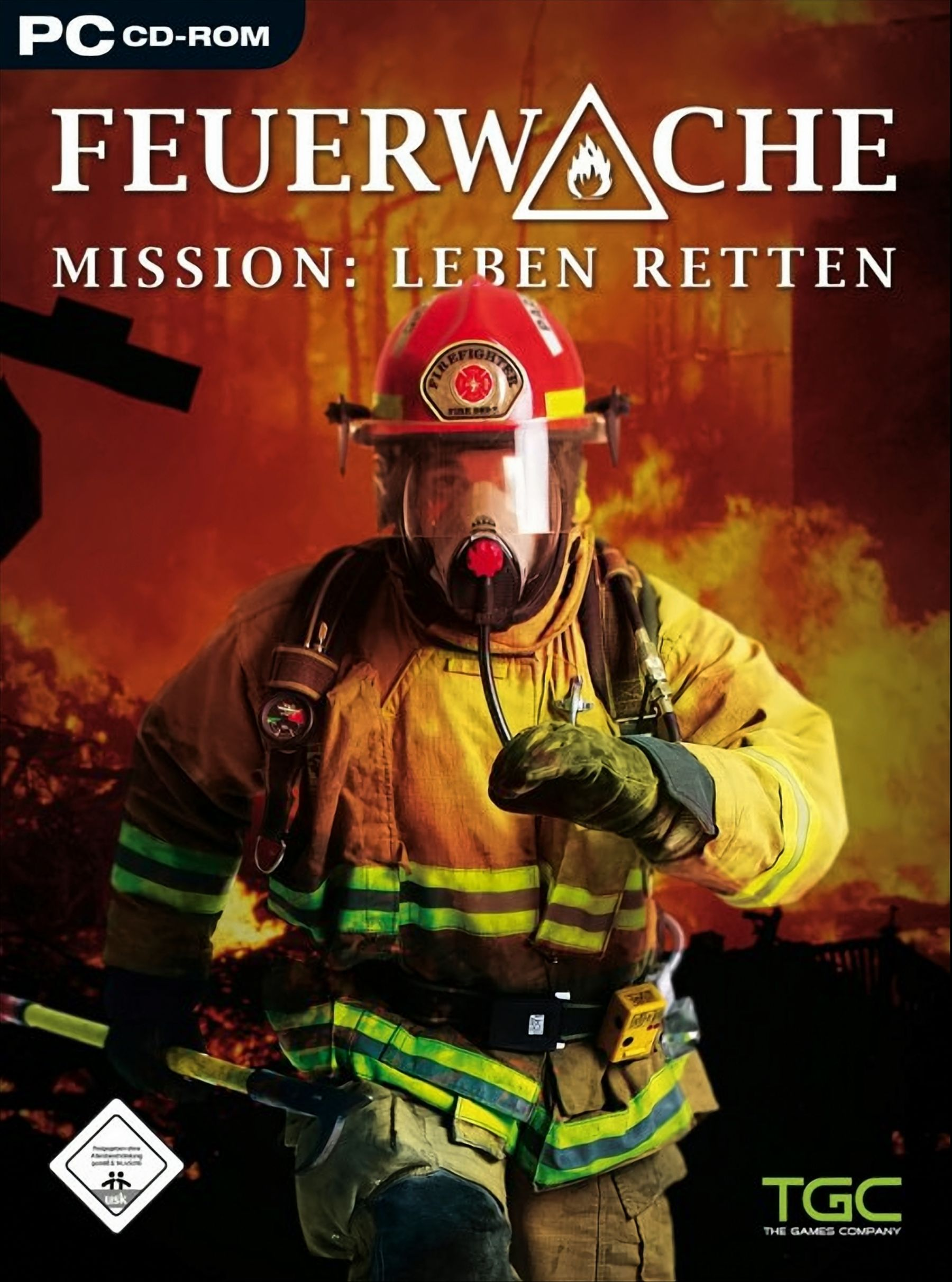 Spielcover: Feuerwache. Ein Feuerwehrmann mit Helm und Sauerstoffmaske in einer Feuerszene.