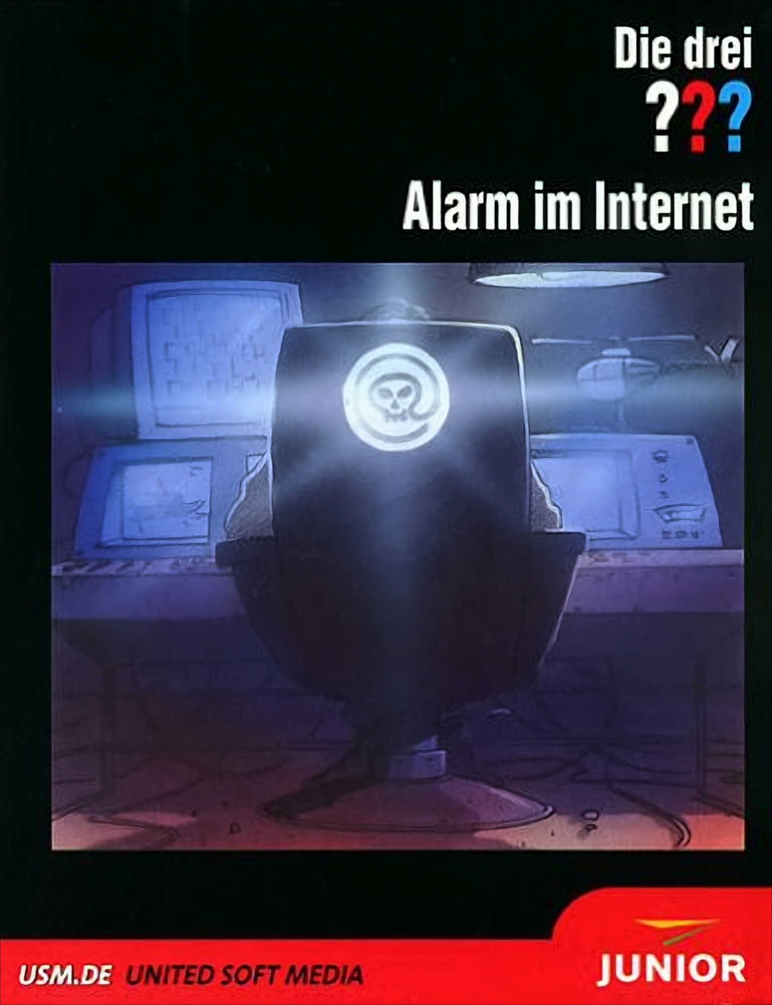 Spielecover: Die drei ??? Alarm im Internet. Illustration eines Raumes mit Computerbildschirmen.