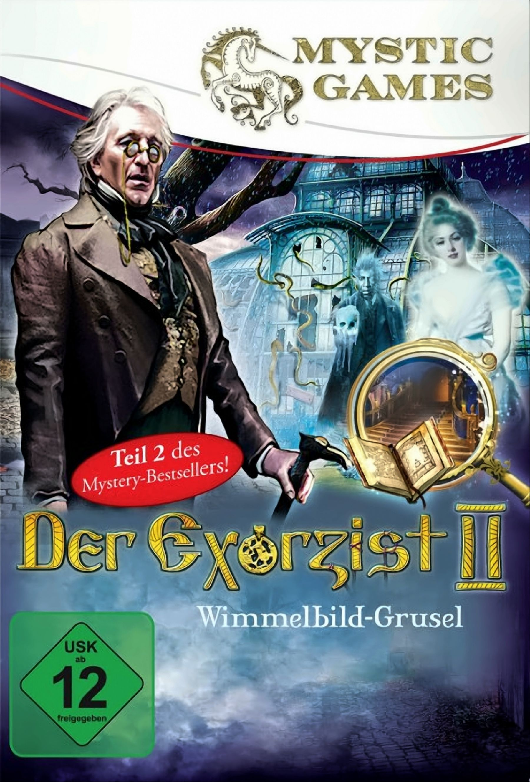 Das Cover des Spiels Der Exorzist III zeigt einen Mann mit Brille, der eine Lupe hält, mit einem gruseligen Hintergrund.