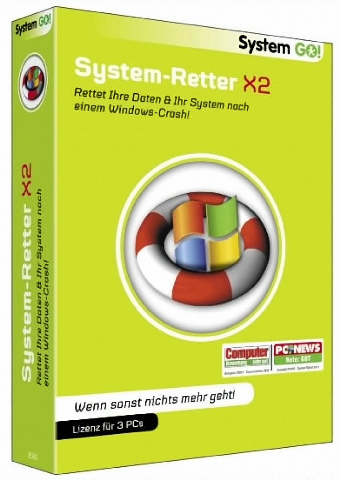 System-Retter X2-Spielbox. Eine grüne Box mit Rettungsring, Windows-Logo und Text. Computer- und PC-Logos.