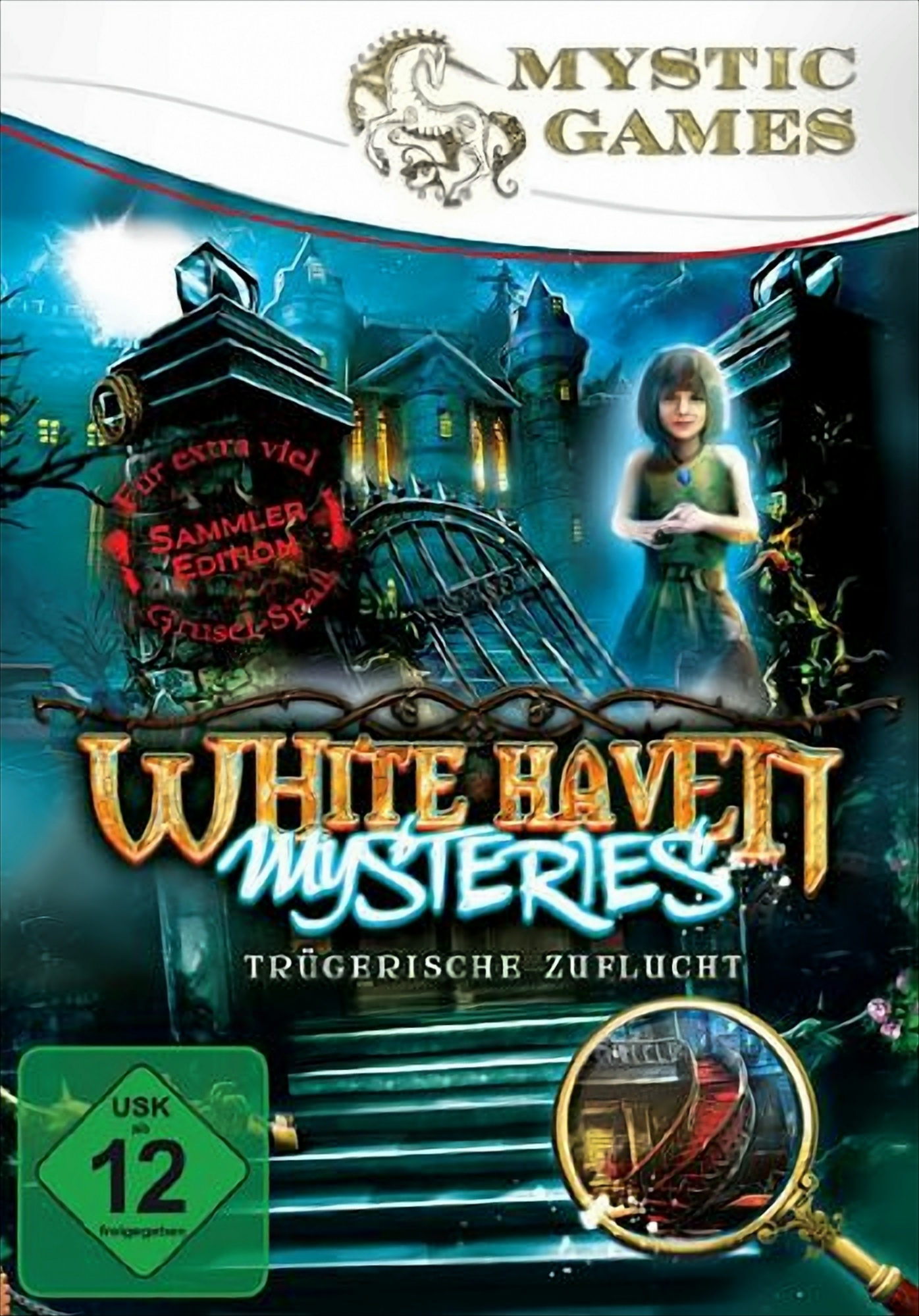 Spiel-Cover für White Haven Mysteries, ein Mädchen und ein Haus im gotischen Stil mit gruseliger Atmosphäre.