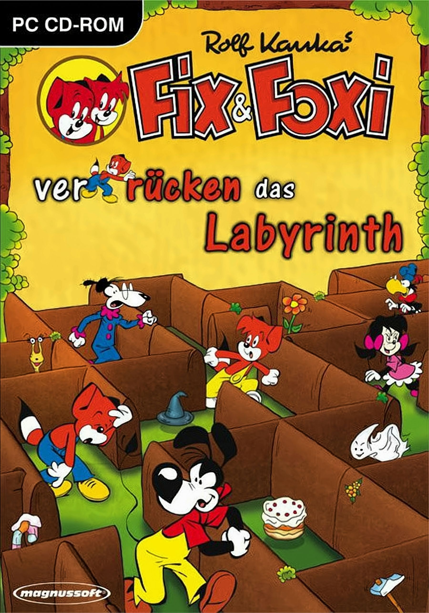 Spielcover: 'Fix & Foxi'. Zeichentrickhunde in einem Labyrinth. Titel 'verrücken das Labyrinth'. Cartoonstil, gelber Hintergrund, braunes Labyrinth.