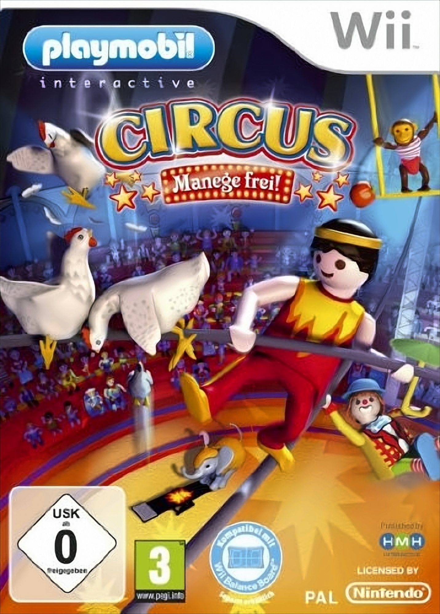 Wii-Spielcover für Playmobil Circus, das eine Zirkusszene mit Tieren und Darstellern zeigt.