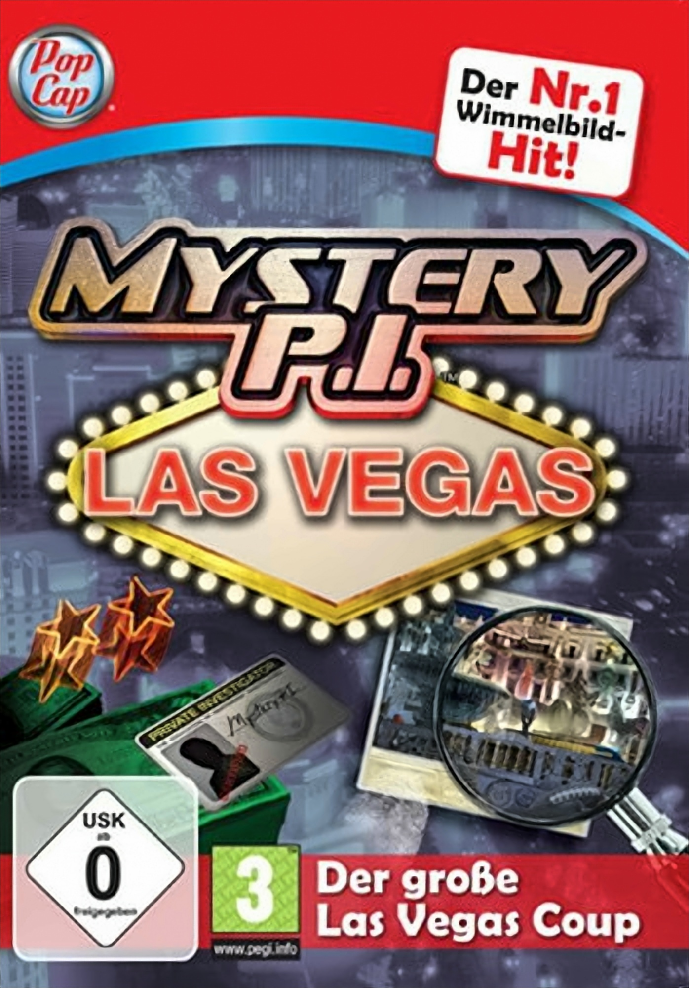 Mystery P.I. Las Vegas Spielbox, mit Lupe auf einem Bild.