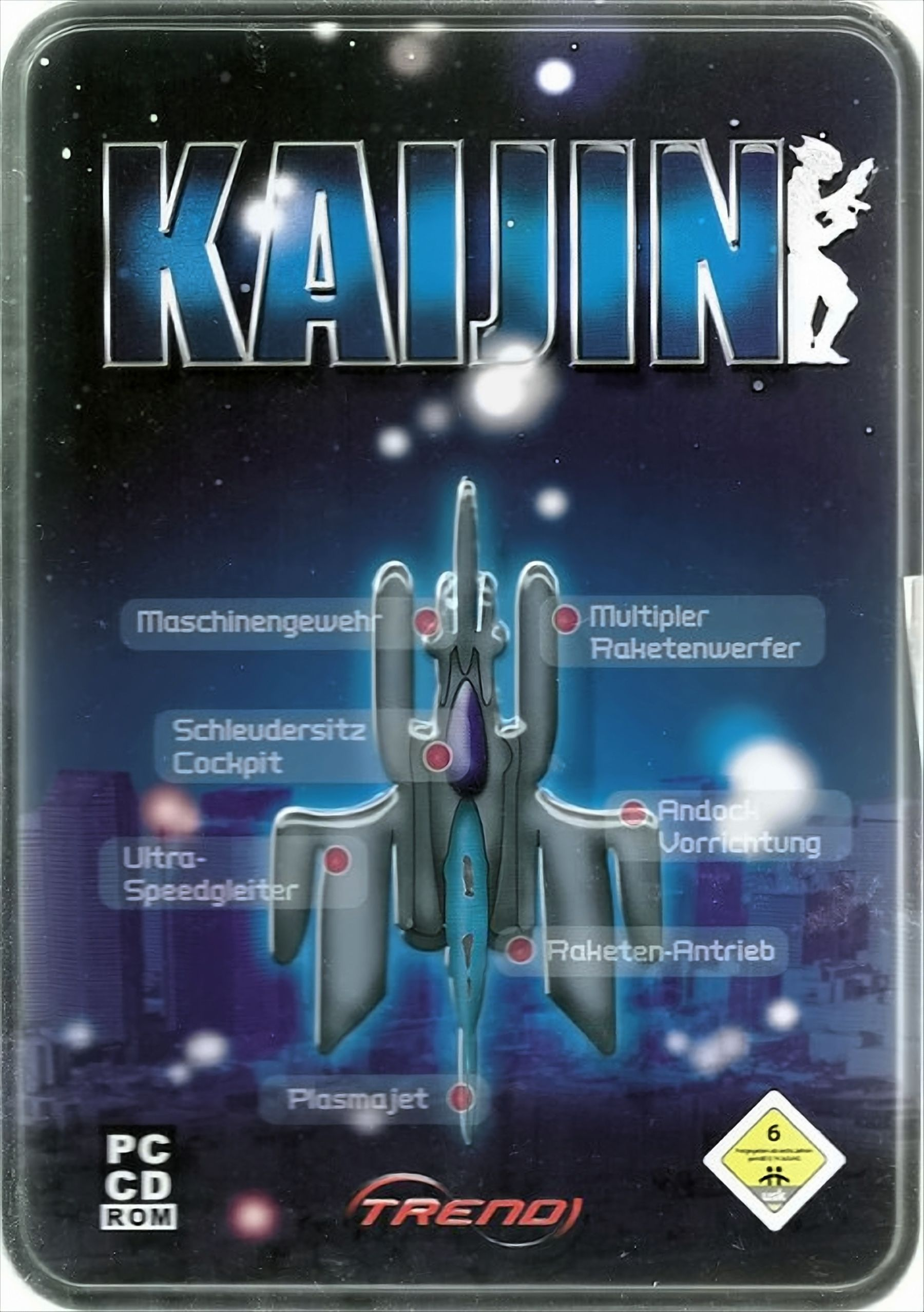 Kaijin Spielcover mit Raumschiff, Text und Symbolen auf dunklem Hintergrund.