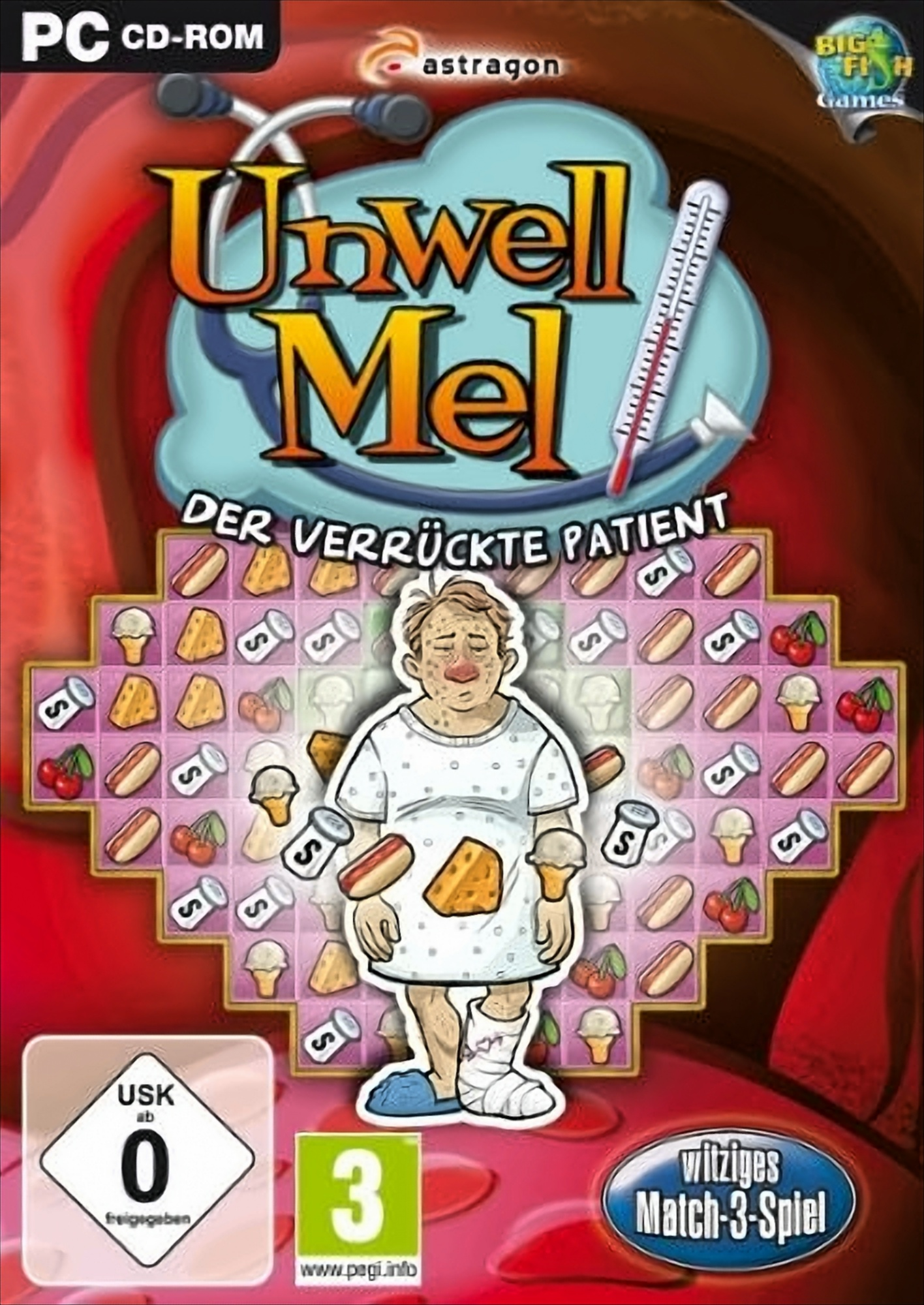 Spielcover zeigt einen kranken Mann, umgeben von Lebensmitteln und einem Thermometer, mit dem Titel 'Unwell Mel'.