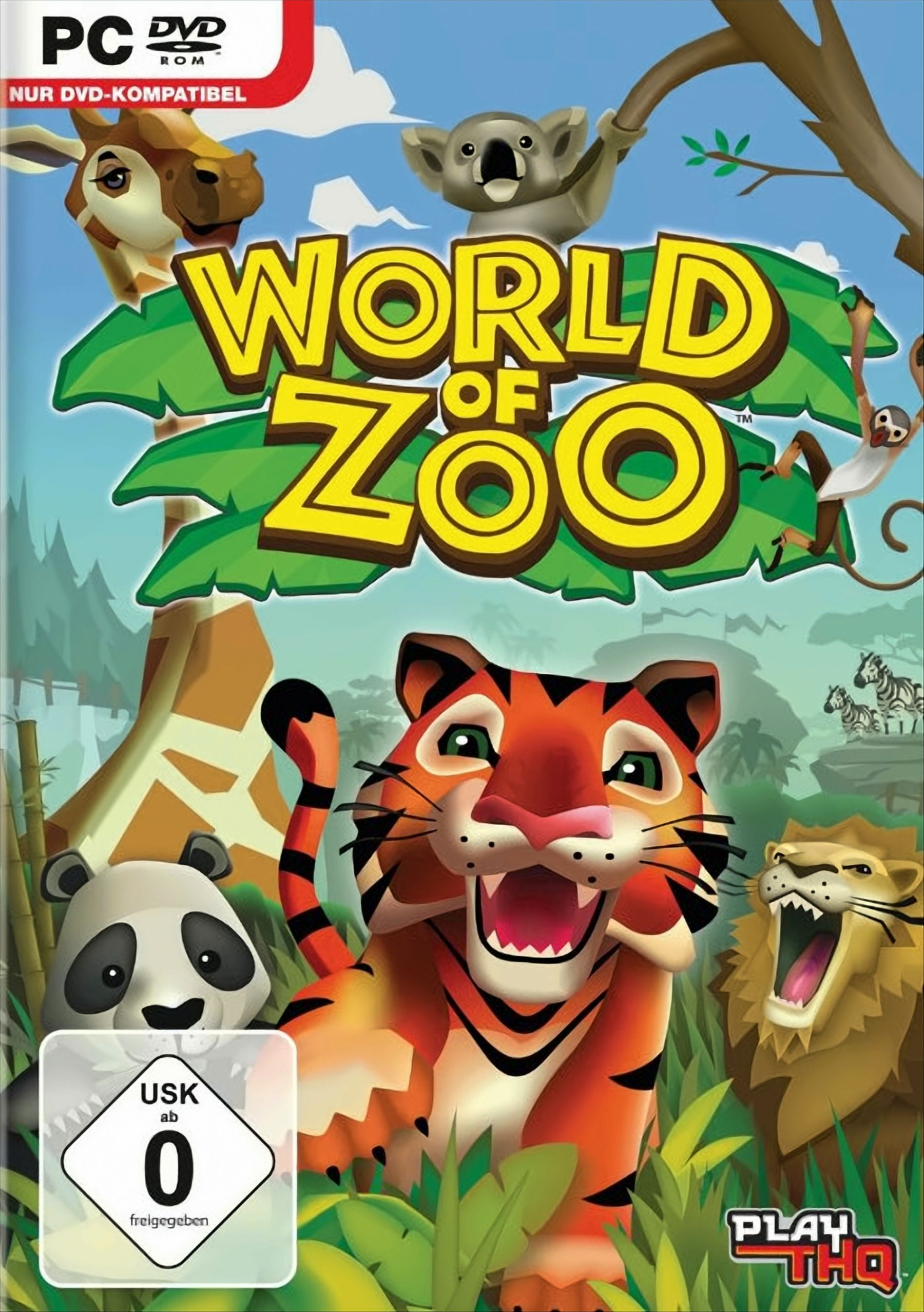 World of Zoo-Spielbox. Tiger, Panda, Löwe und Tiere. Grüner Hintergrund mit Blättern.