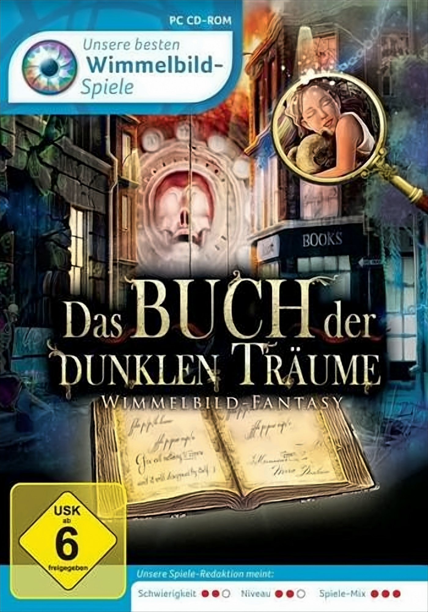 Spielcover zeigt eine Frau, die mit einem Hund schläft, mit dem Titel 'Das Buch der Dunklen Träume' und einem Buch.