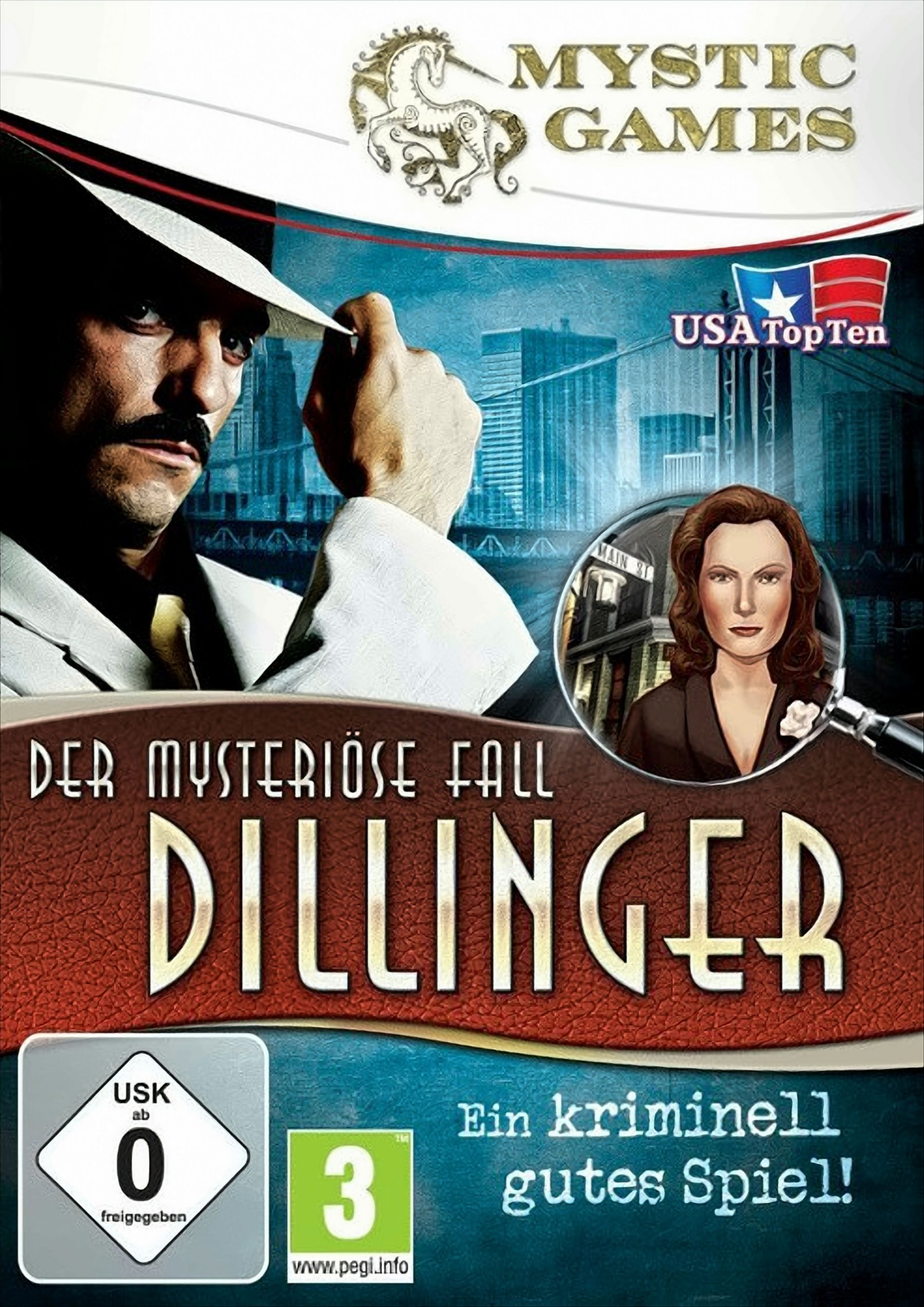 Spielcover: 'Der mysteriöse Fall Dillinger' mit Mann im Anzug, Frau und Stadt-Hintergrund.