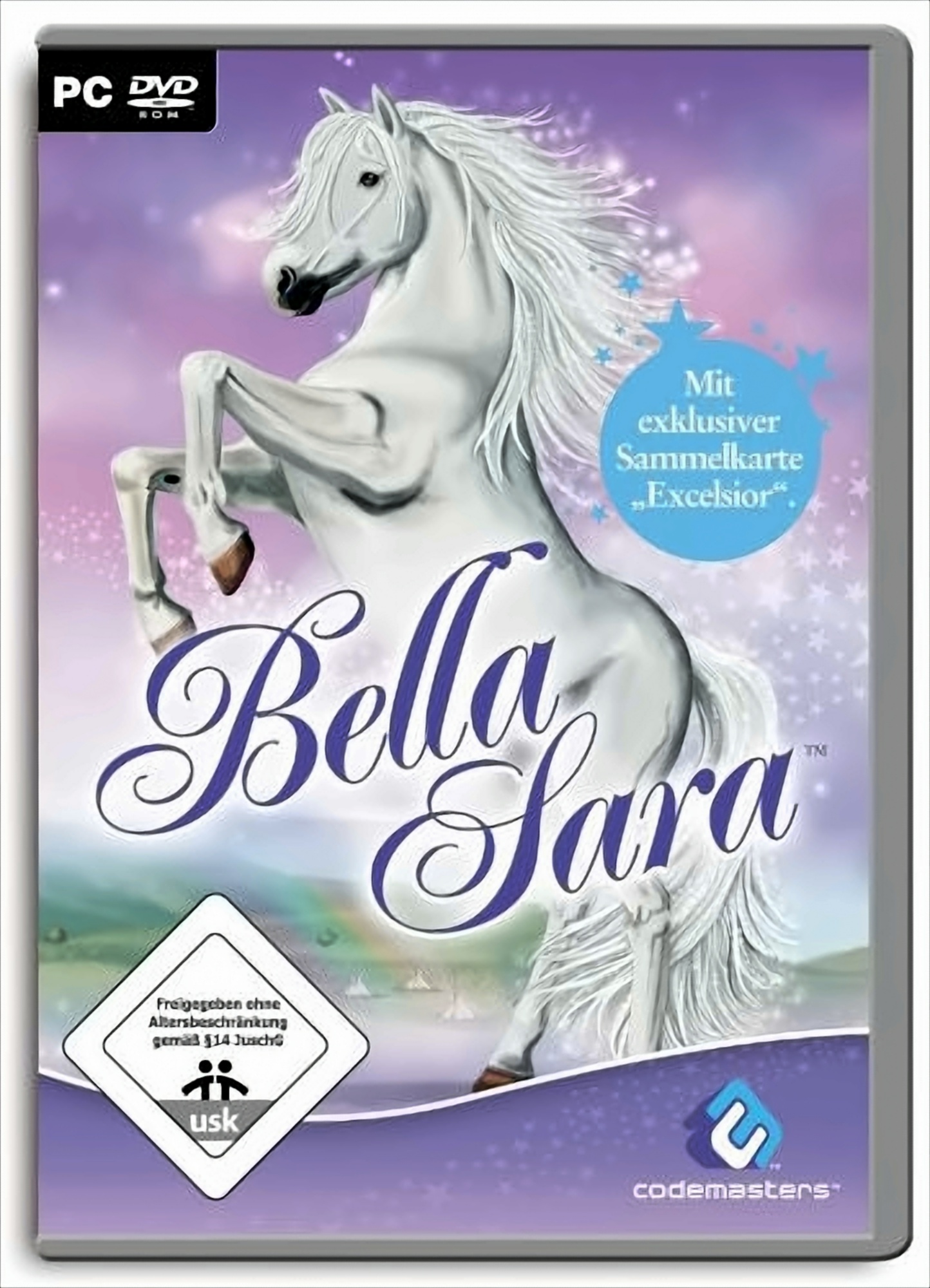 Spielverpackung: Weißes Pferd, das sich aufbäumt. Titel „Bella Sara“. Lila Hintergrund.