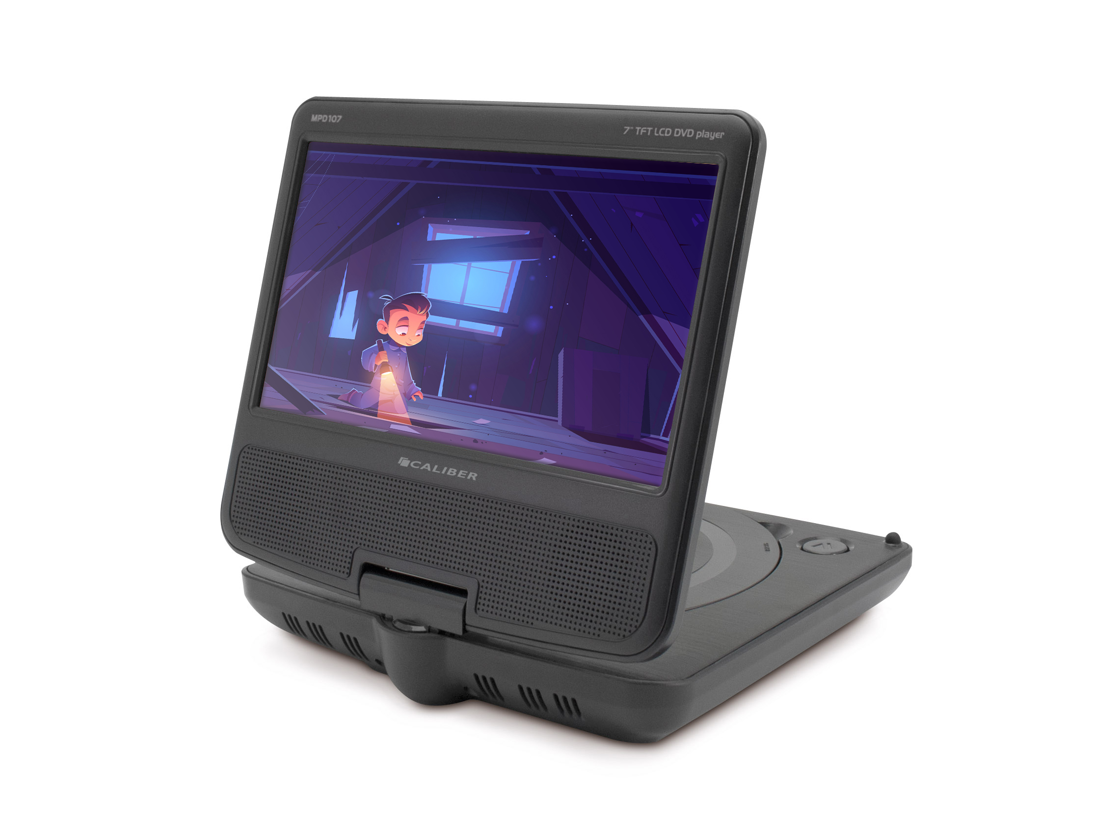 Tragbarer schwarzer DVD-Player mit einem Bildschirm, der eine Zeichentrickszene zeigt.