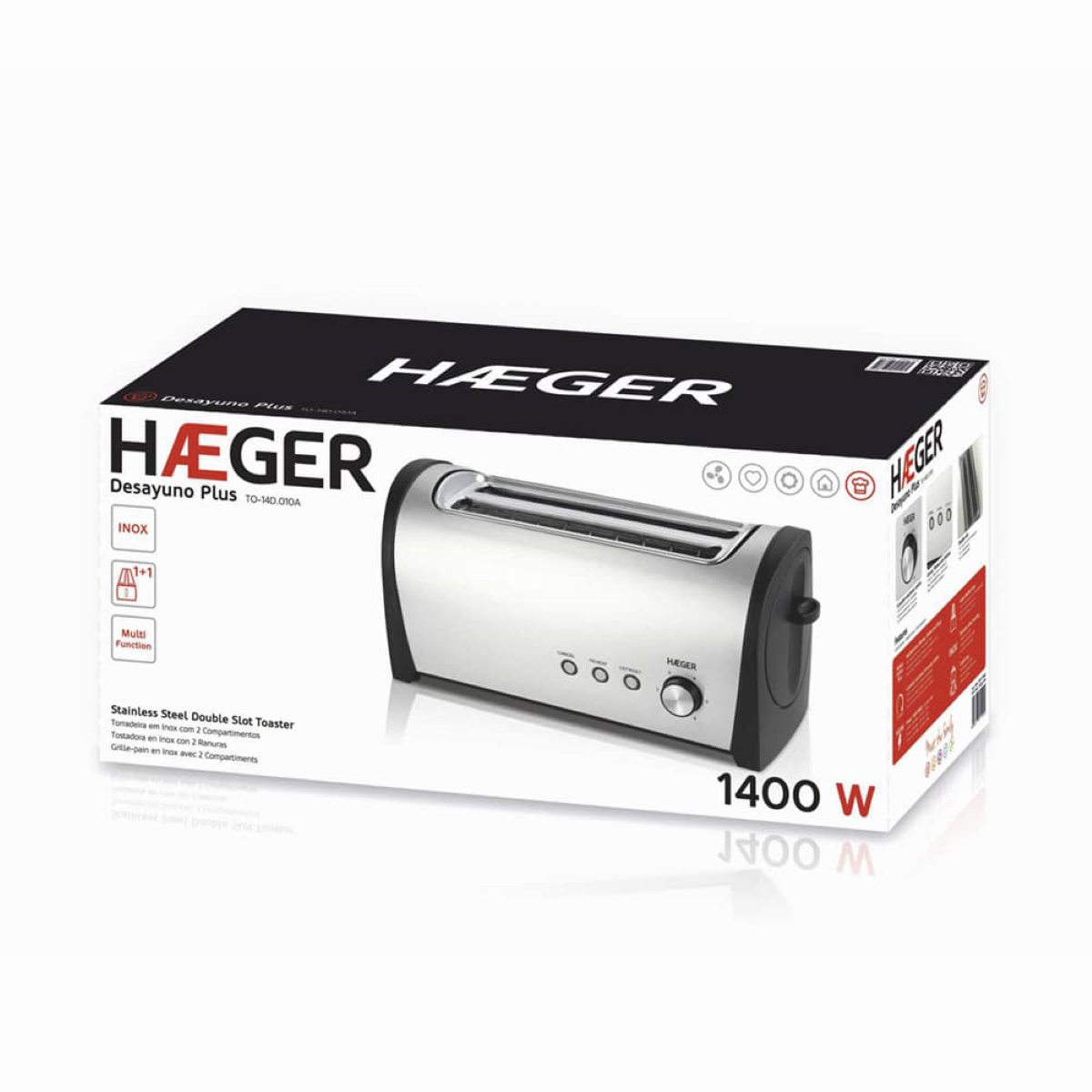 Pudełko z tosterem ze zdjęciem tostera. Pudełko jest biało-czarne. Widnieje na nim napis 'HAEGER' dużymi literami.