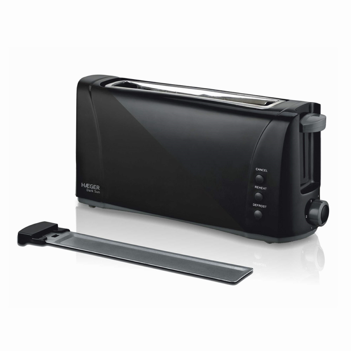 Czarny toster z tacką na okruchy i przyciskami anulowania, podgrzewania i rozmrażania.