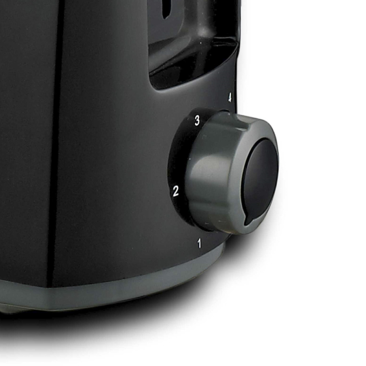 Zbliżenie czarnego pokrętła tostera z numerami 1-4. Pokrętło jest szare.