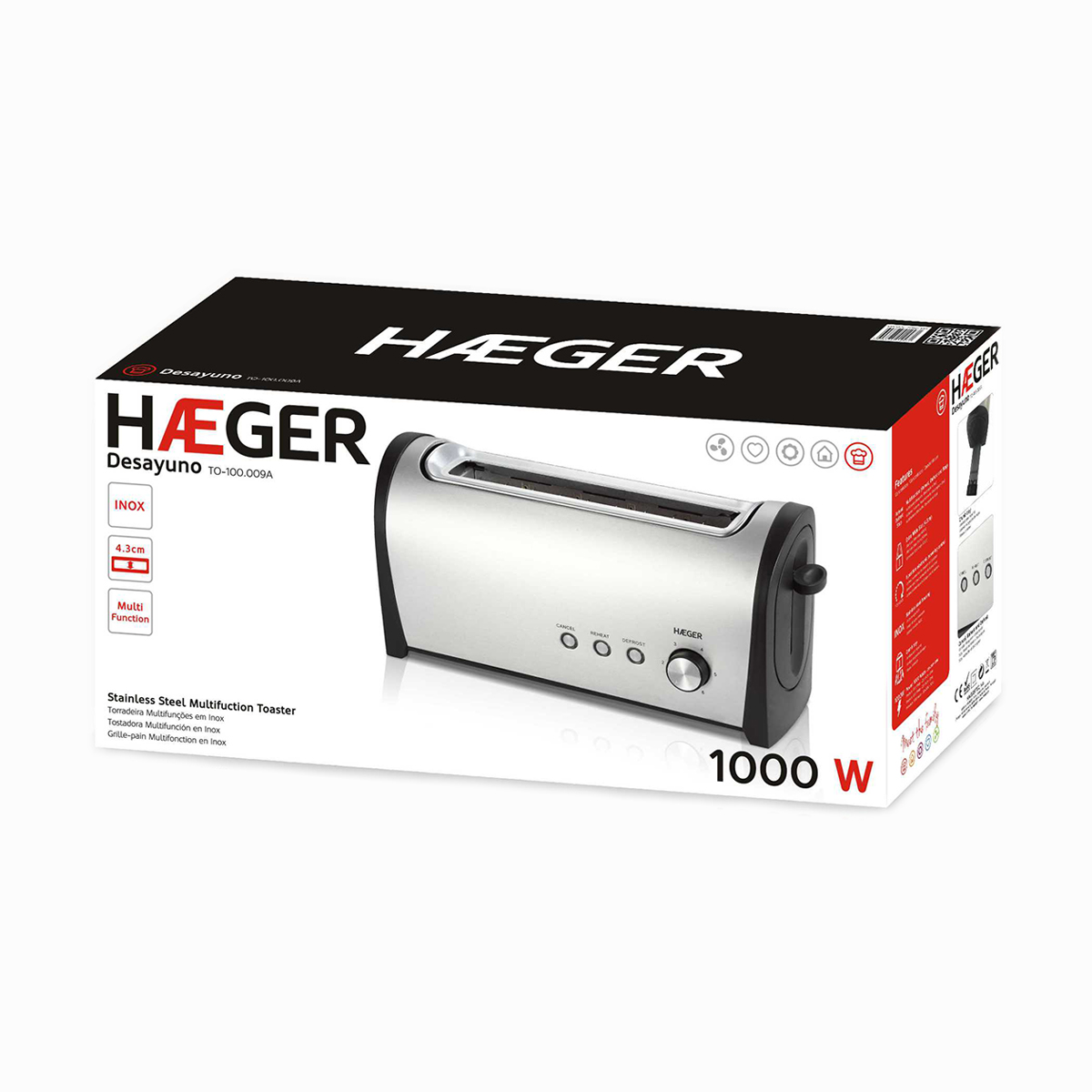 Srebrny toster w pudełku z tekstem i logo.