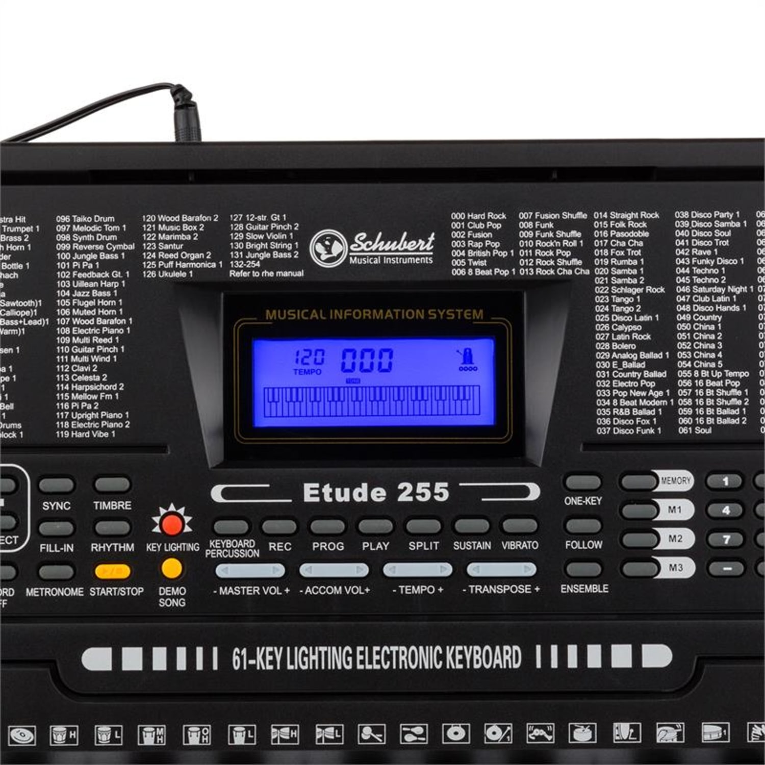 Eine schwarze elektronische Tastatur mit blauem Bildschirm. Text und Tasten sind für Musikfunktionen beschriftet.
