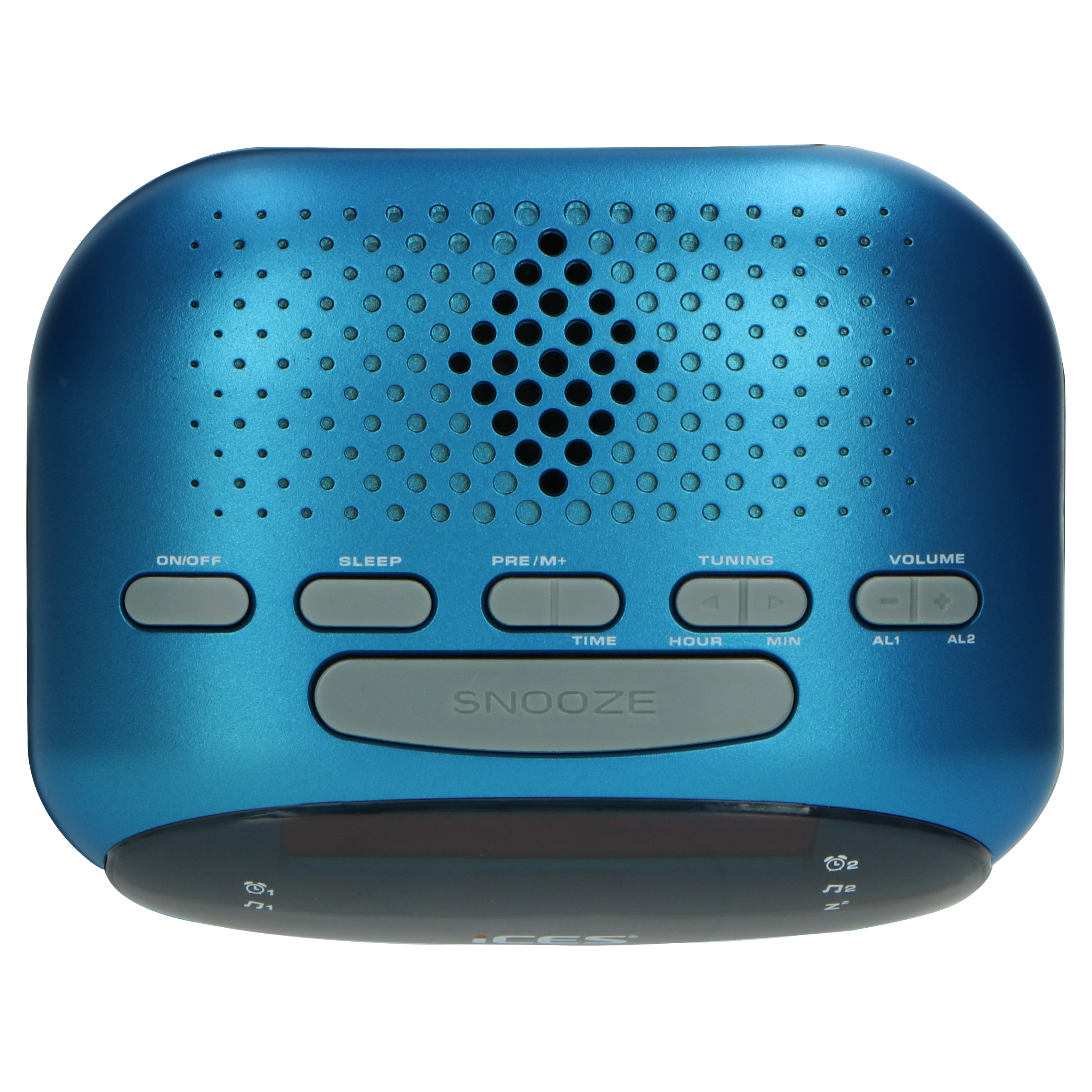 Blue alarm clock with buttons and a digital display.