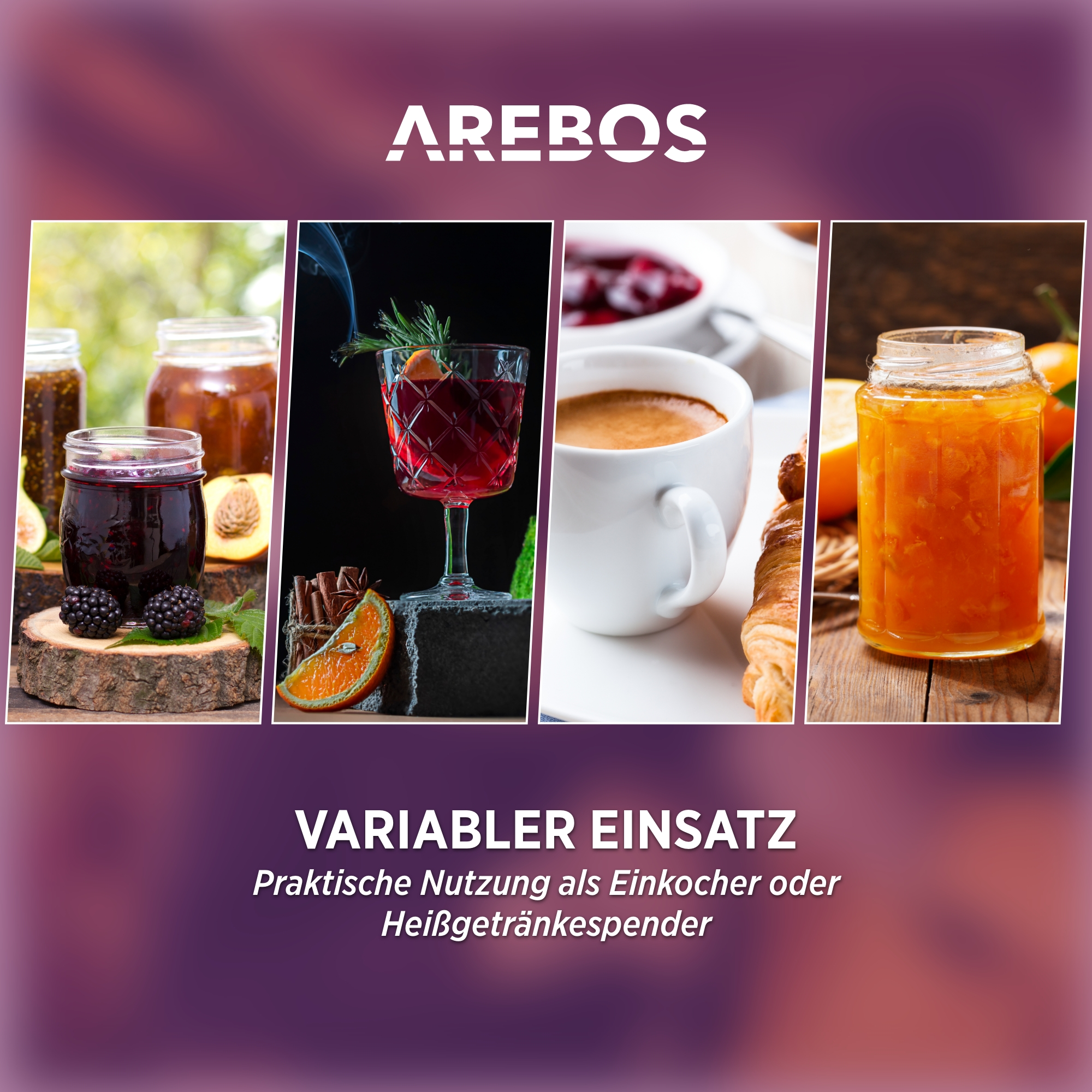 Vier verschiedene Bilder von Lebensmitteln mit dem AREBOS-Logo oben. Hat auch Text.