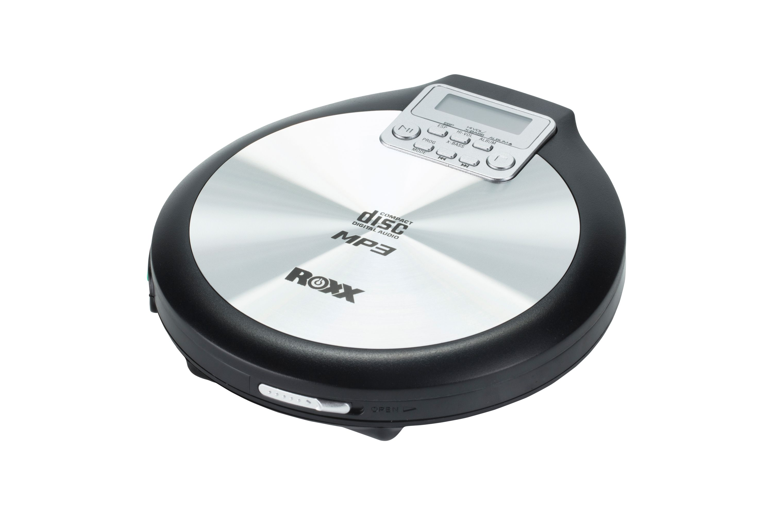 Schwarzer und silberner tragbarer CD-Player. Er hat ein Display und Knöpfe oben und einen Schieberegler zum Öffnen/Schließen.