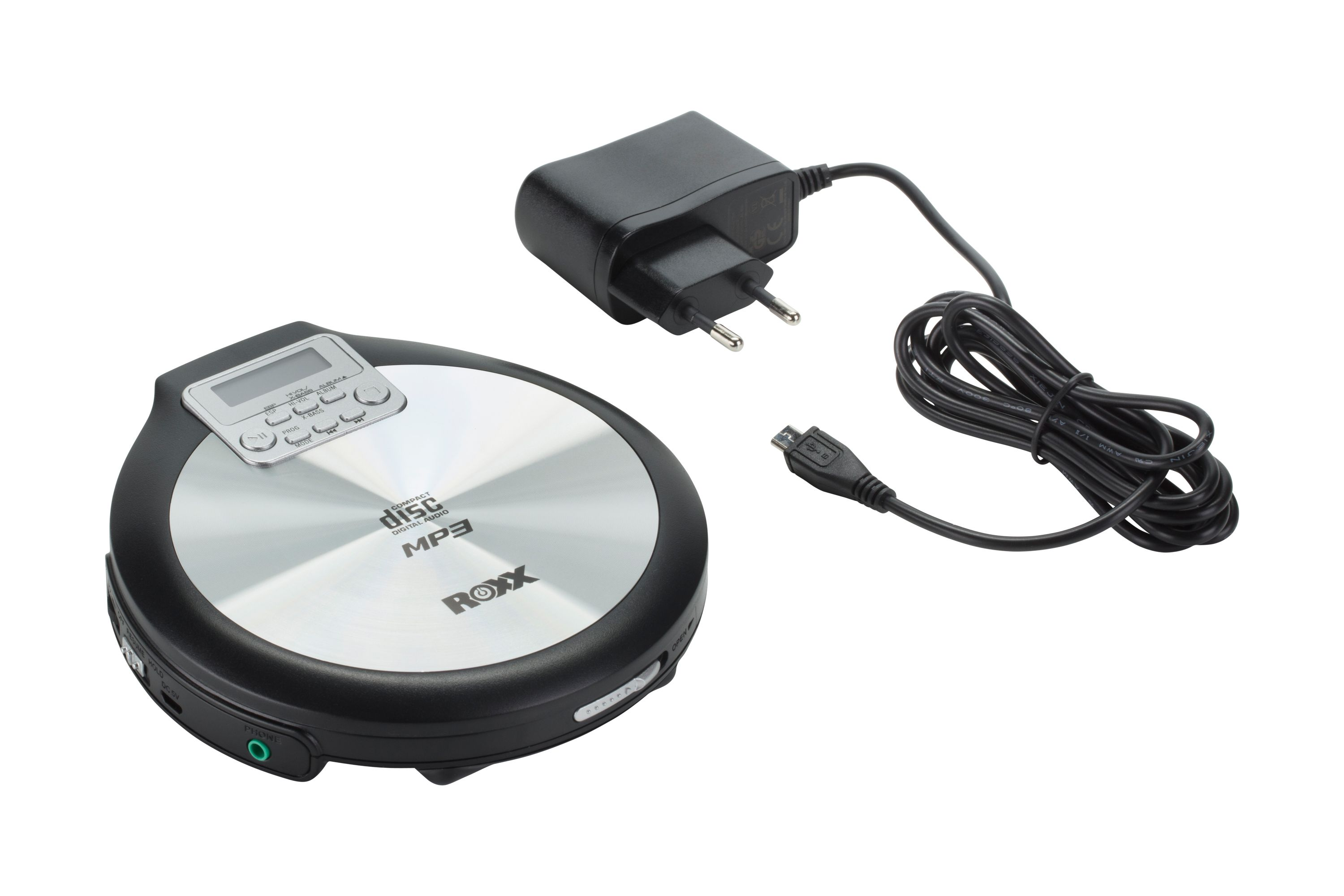 Schwarzer tragbarer CD-Player und Ladegerät. Silbernes Oberteil, kleiner Bildschirm, Kopfhöreranschluss und Netzteil.