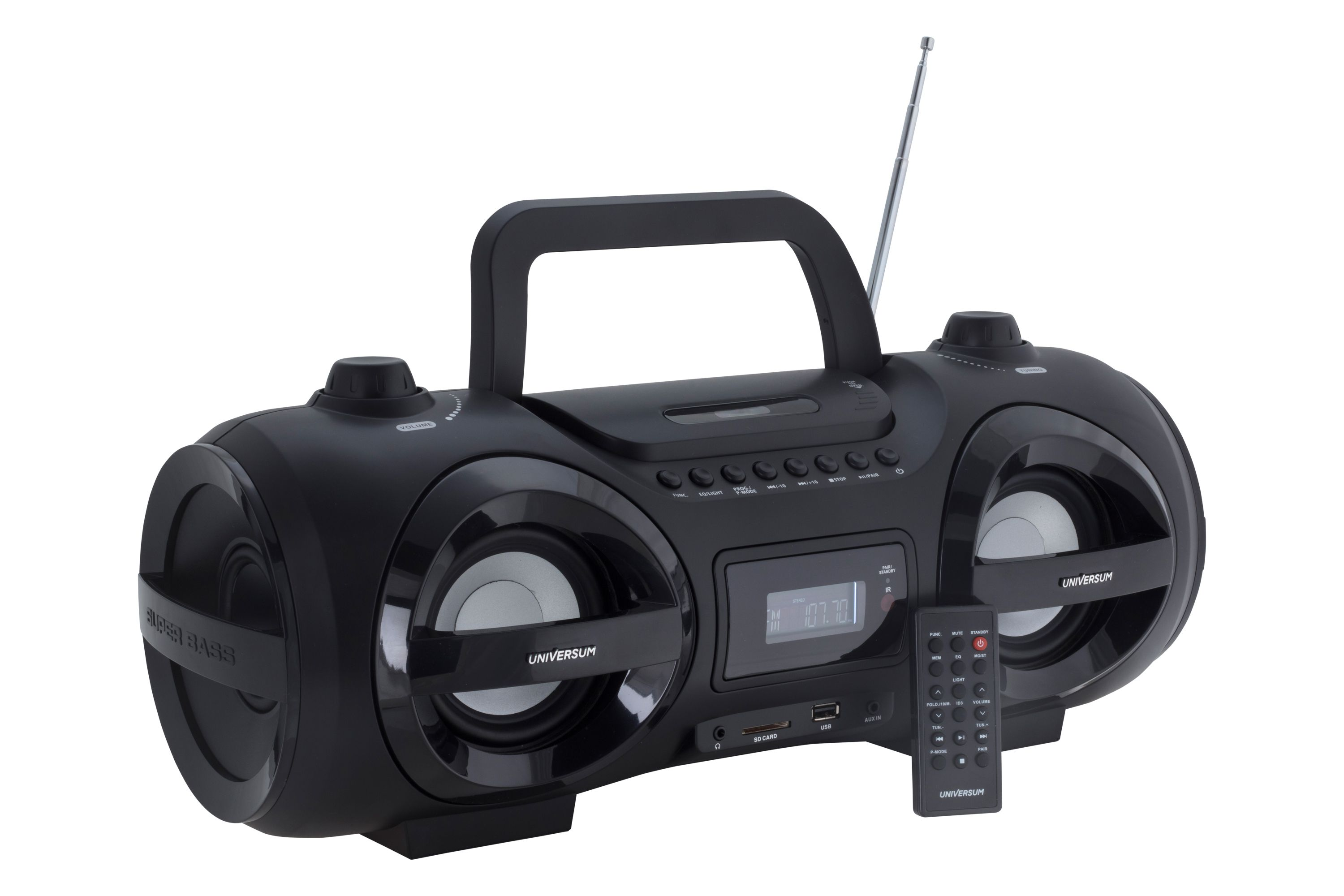 Schwarze Boombox mit Lautsprechern, Knöpfen und einem Griff. Eine Fernbedienung befindet sich unter dem Radio.