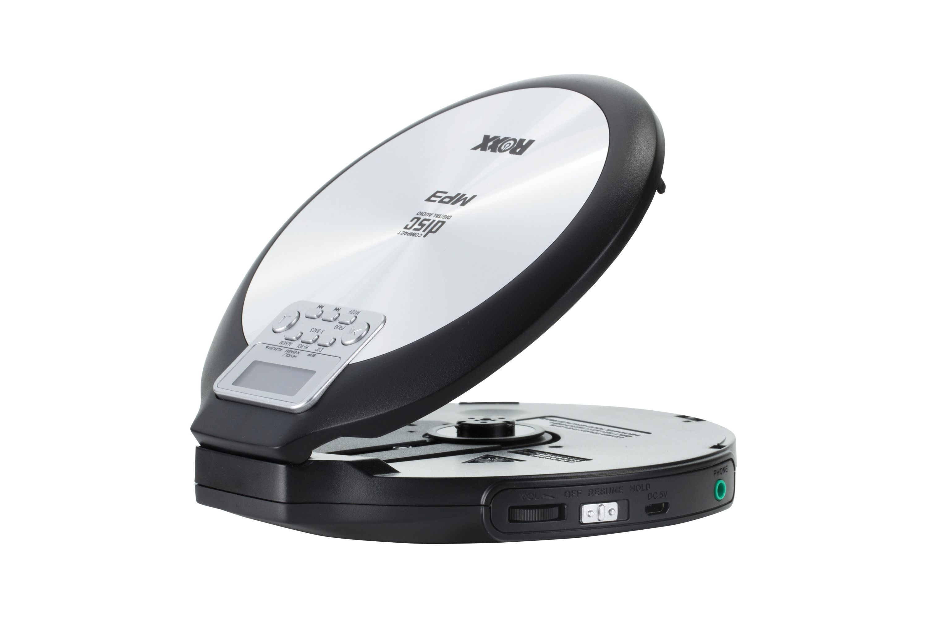 Ein schwarzer und silberner tragbarer CD-Player, offen, mit Bedienelementen und kleinem Bildschirm.