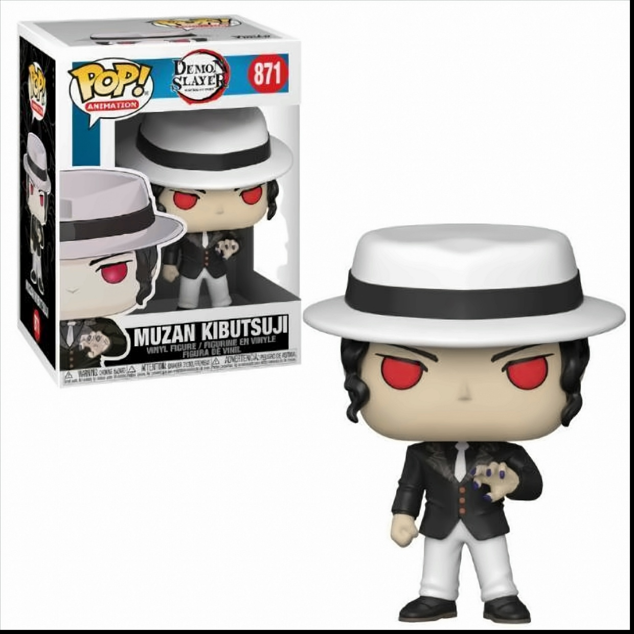 Funko Pop Figur von Muzan Kibutsuji aus Demon Slayer, mit Box links.