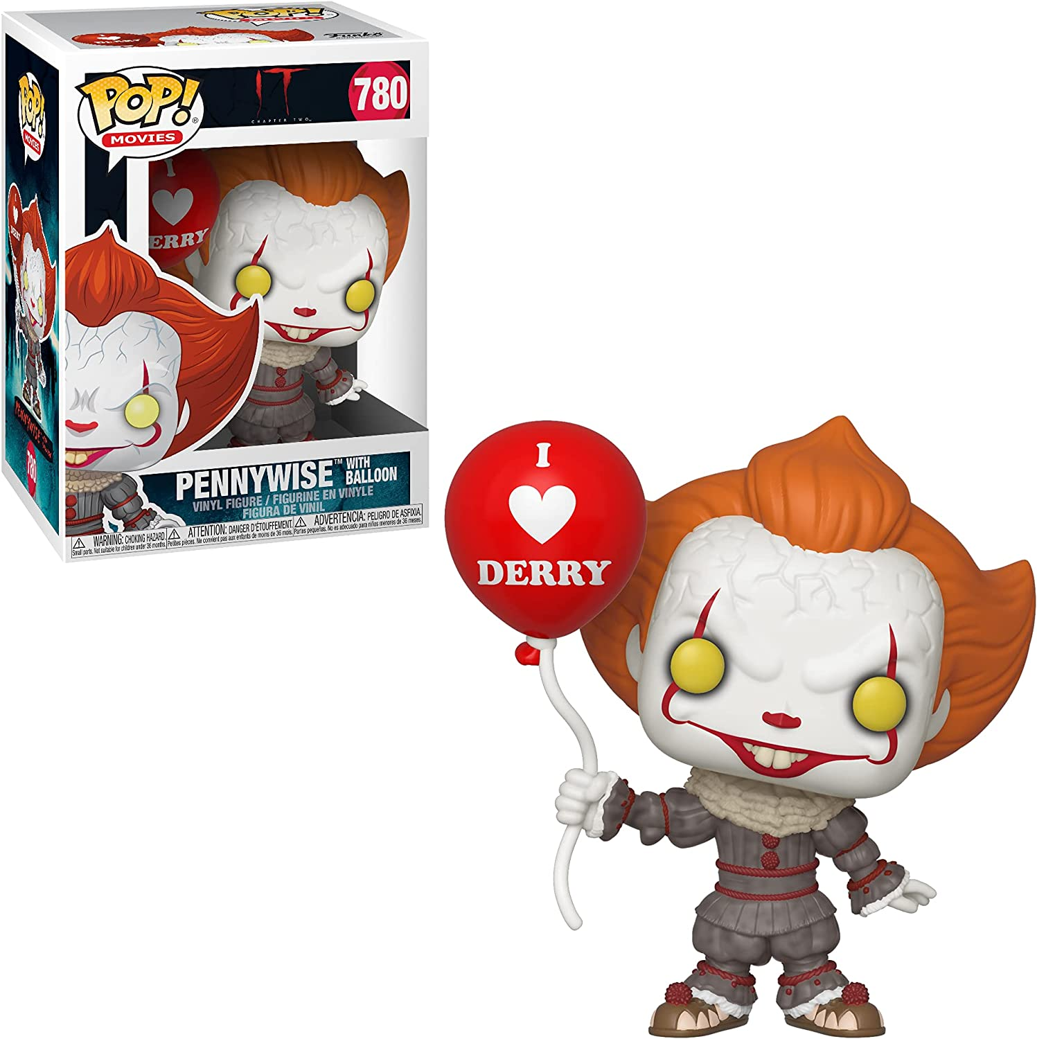 Figura di Pennywise con un palloncino rosso. Scatola bianca. Sfondo bianco.