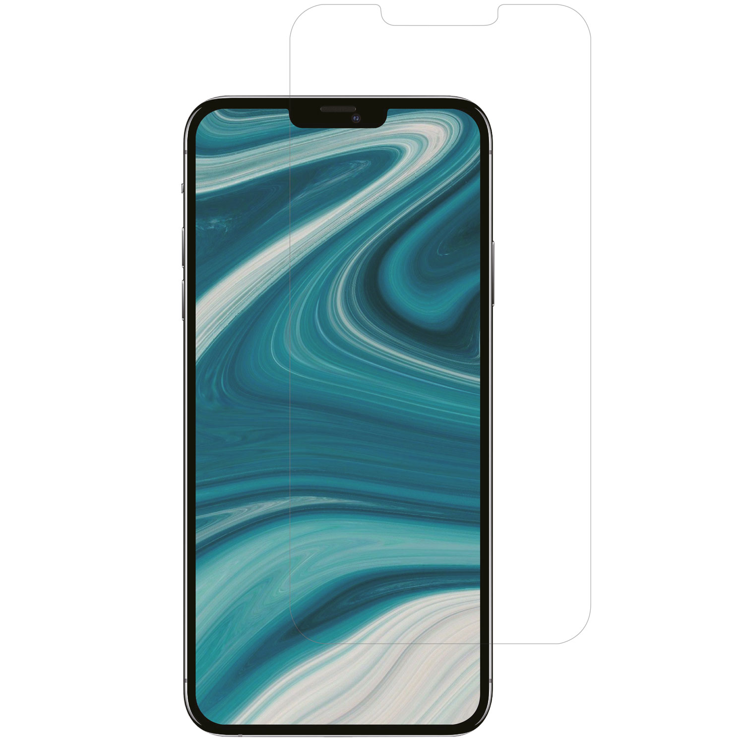 Uno smartphone con protezione schermo. Il telefono è nero; la protezione è trasparente. Verde acqua e bianco a spirale sullo schermo.