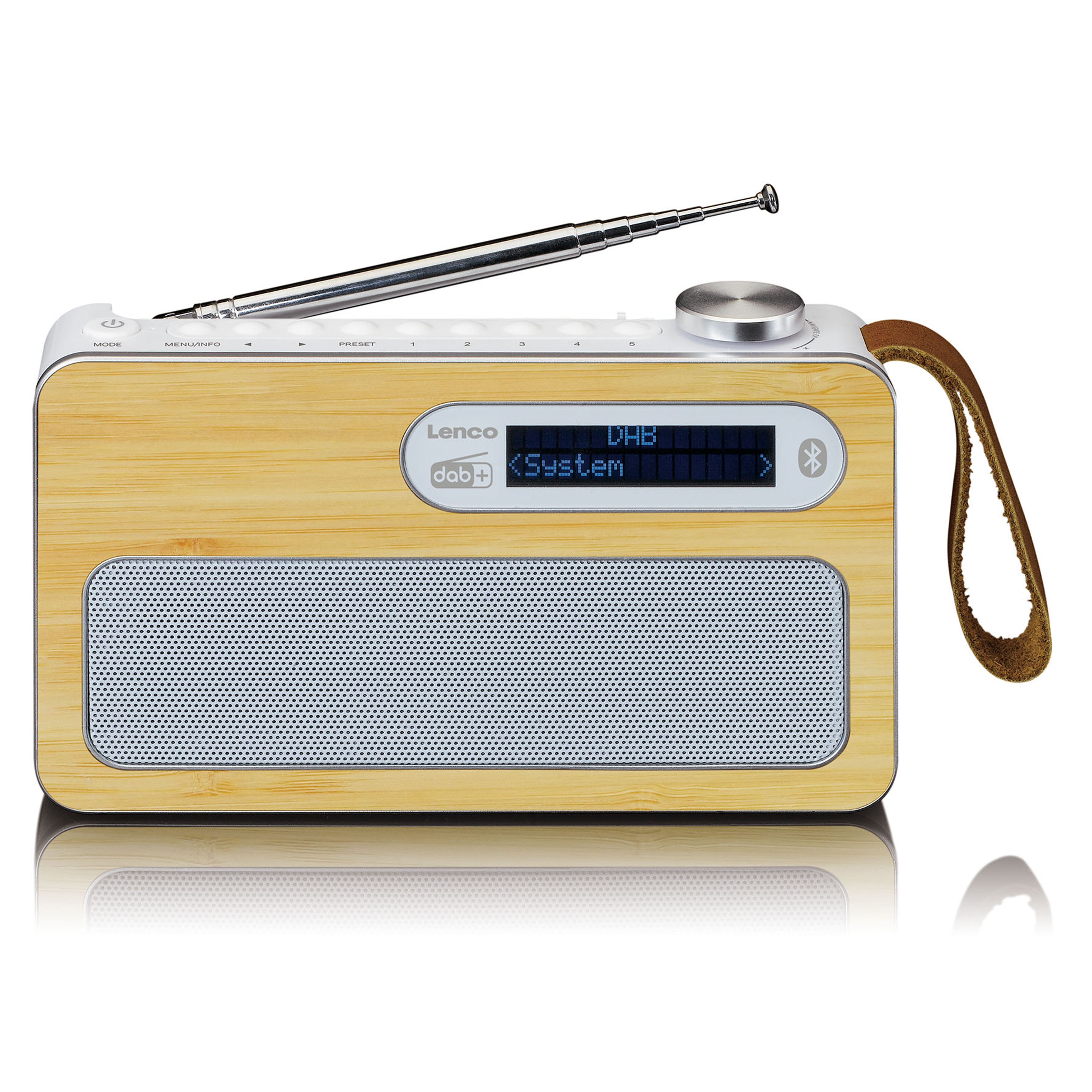 Radio: Lenco DAB+ System, mit Holzoberfläche und Antenne.