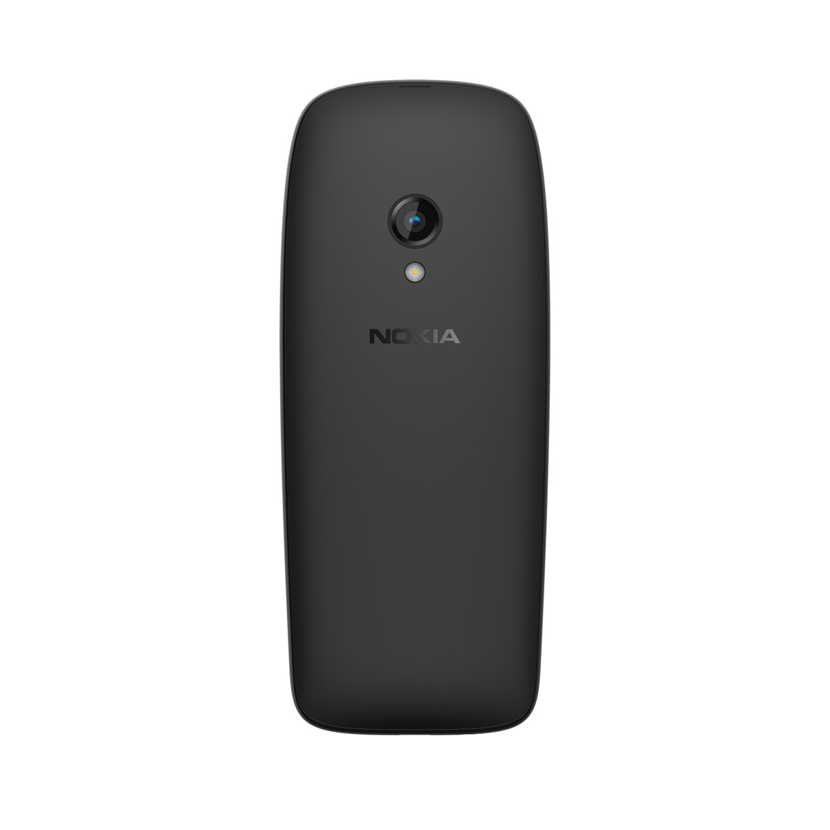 Rückseite eines schwarzen Nokia-Telefons. Es hat eine Kameralinse und das Nokia-Logo. Einfacher Hintergrund.