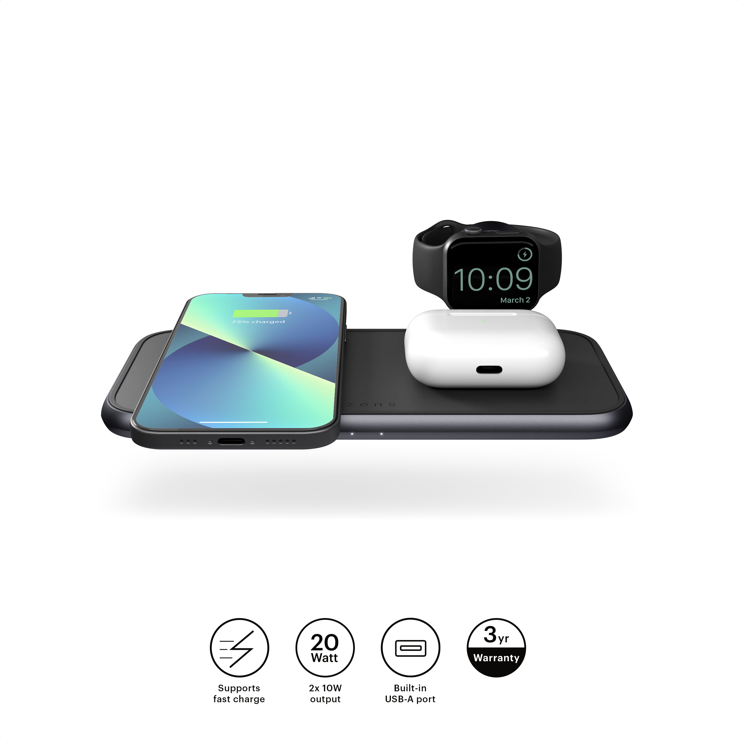 Ein schwarzes Ladepad mit Telefon, Uhr und Ohrhörern, mit Symbolen darunter.