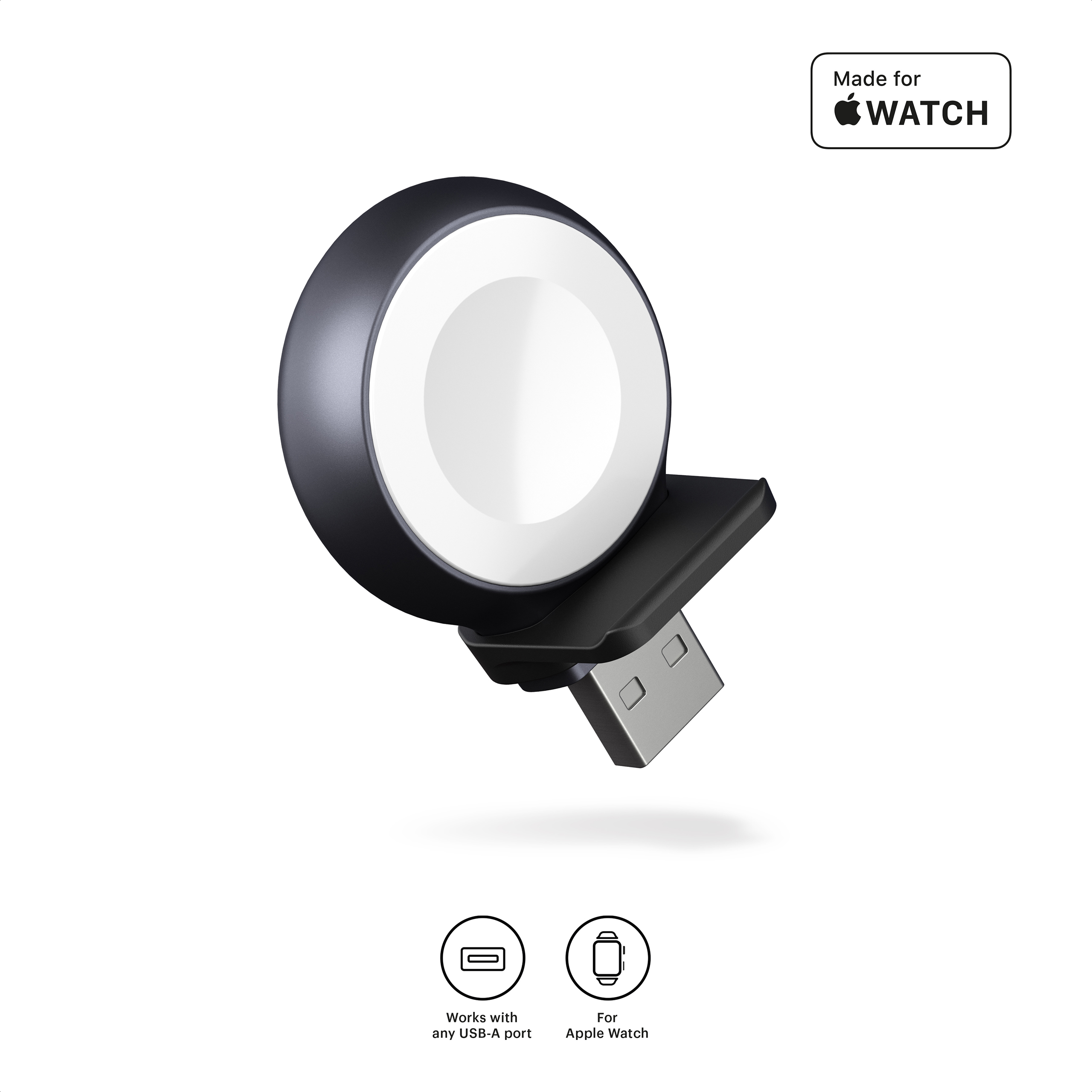 Schwarzes Apple Watch Ladegerät auf weißem Hintergrund. Text „Made for Apple Watch“.