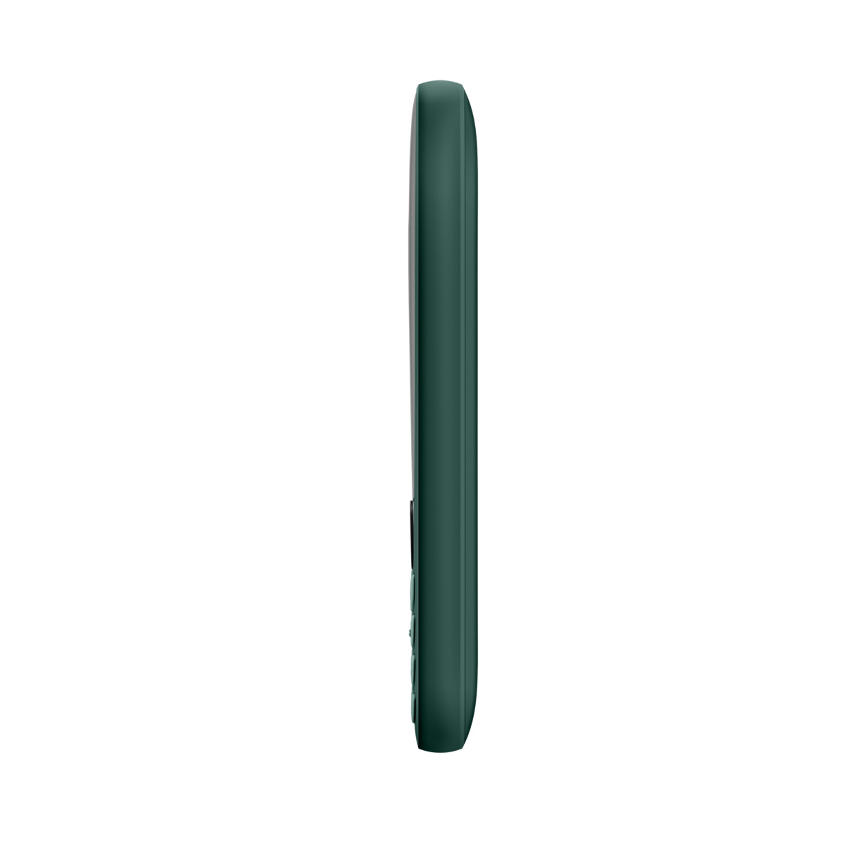 Vista lateral de un teléfono verde. Está en posición vertical y tiene un diseño elegante.