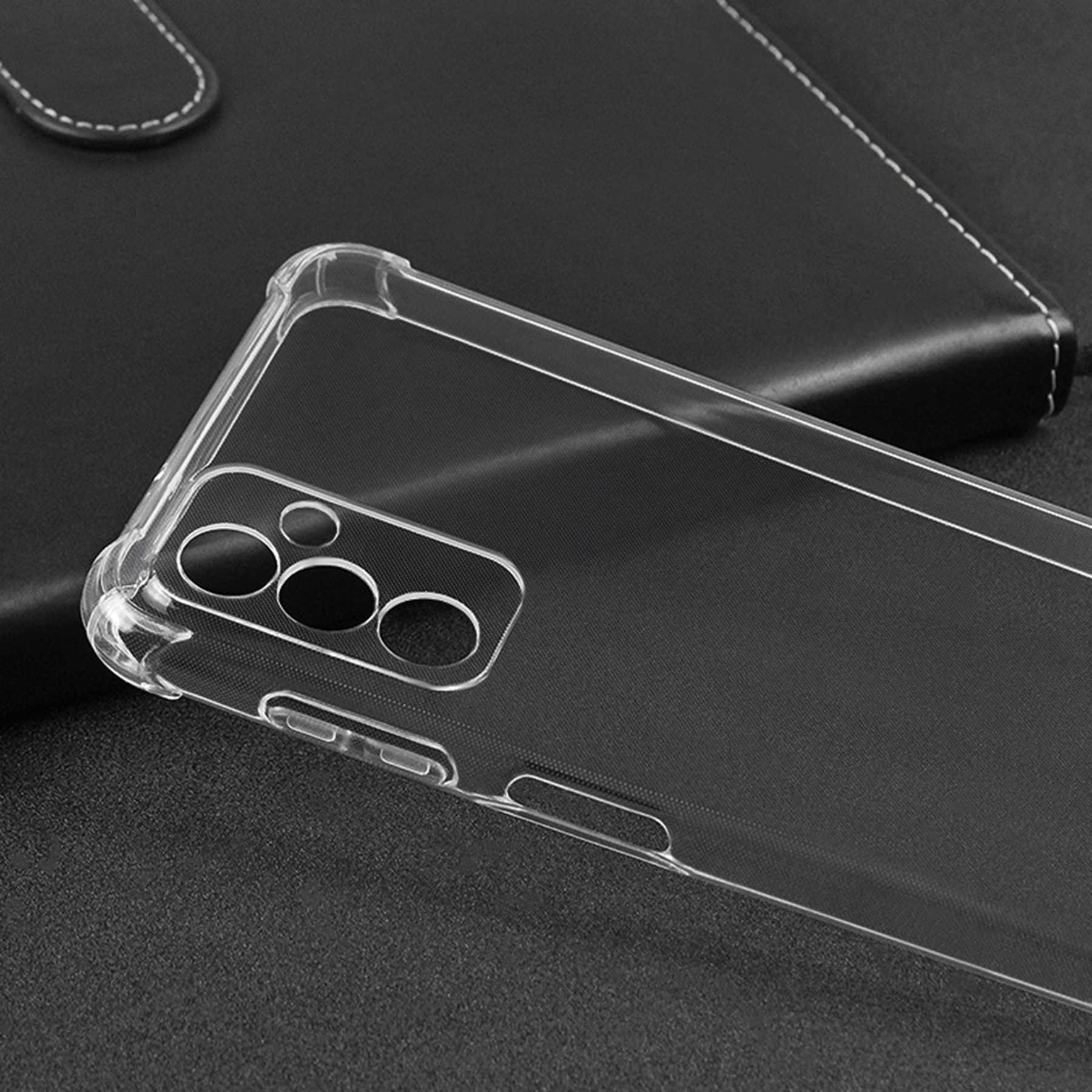 Eine transparente Handyhülle mit Kameraausschnitt. Sie liegt auf einer schwarzen Oberfläche.