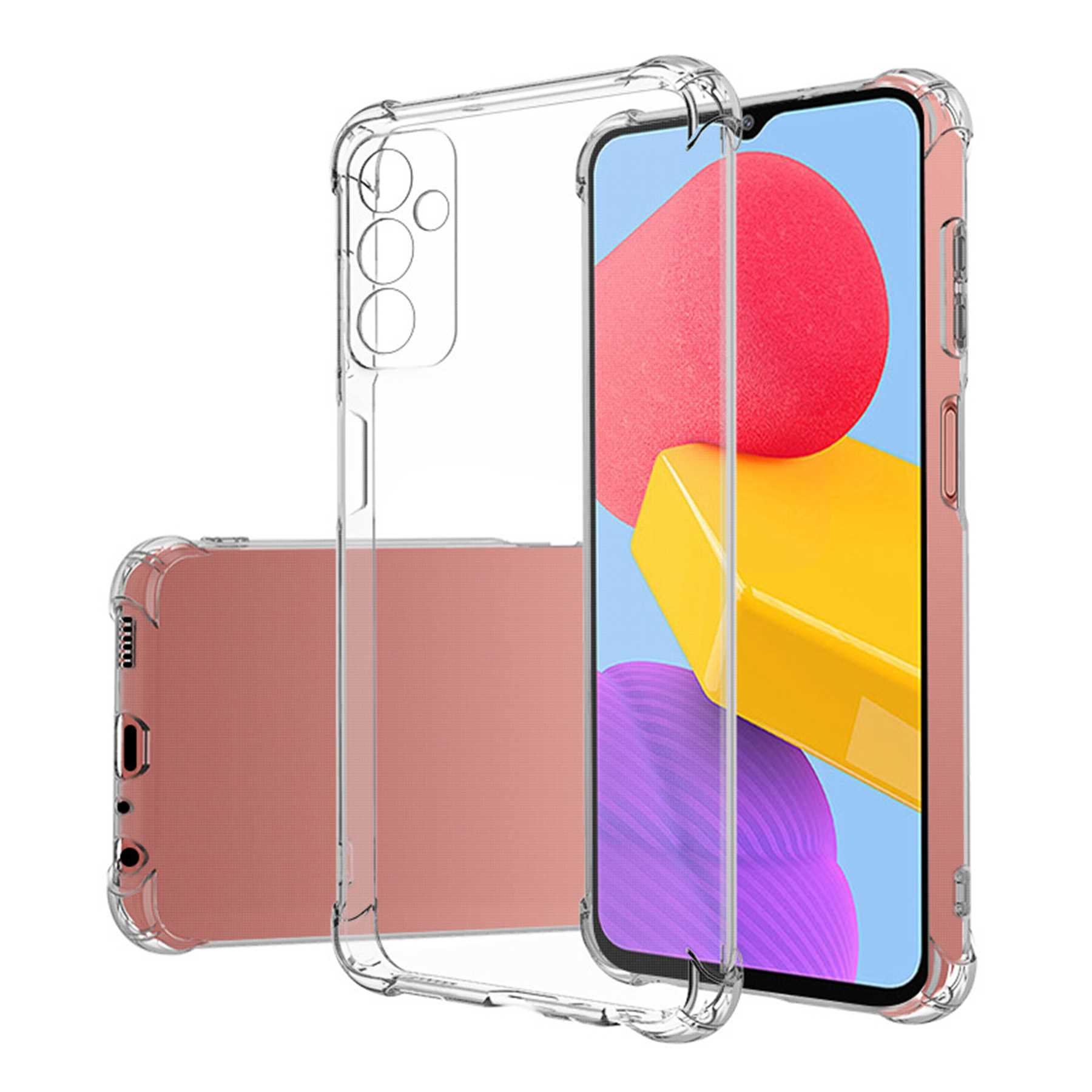 Transparente Handyhülle mit einem Telefon darin, auf rosa Hintergrund.