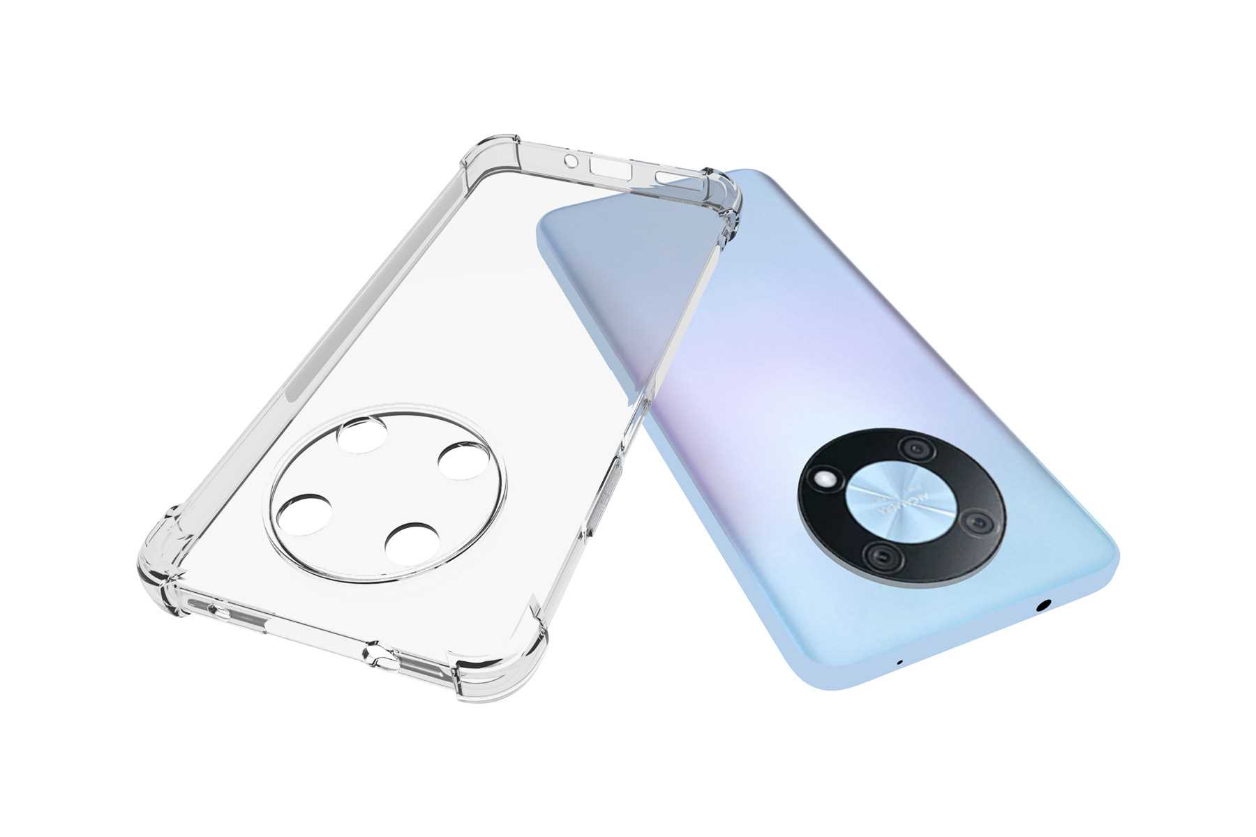 Transparente Handyhülle. Telefon darin. Blaues Telefon mit Kamera-Buckel.