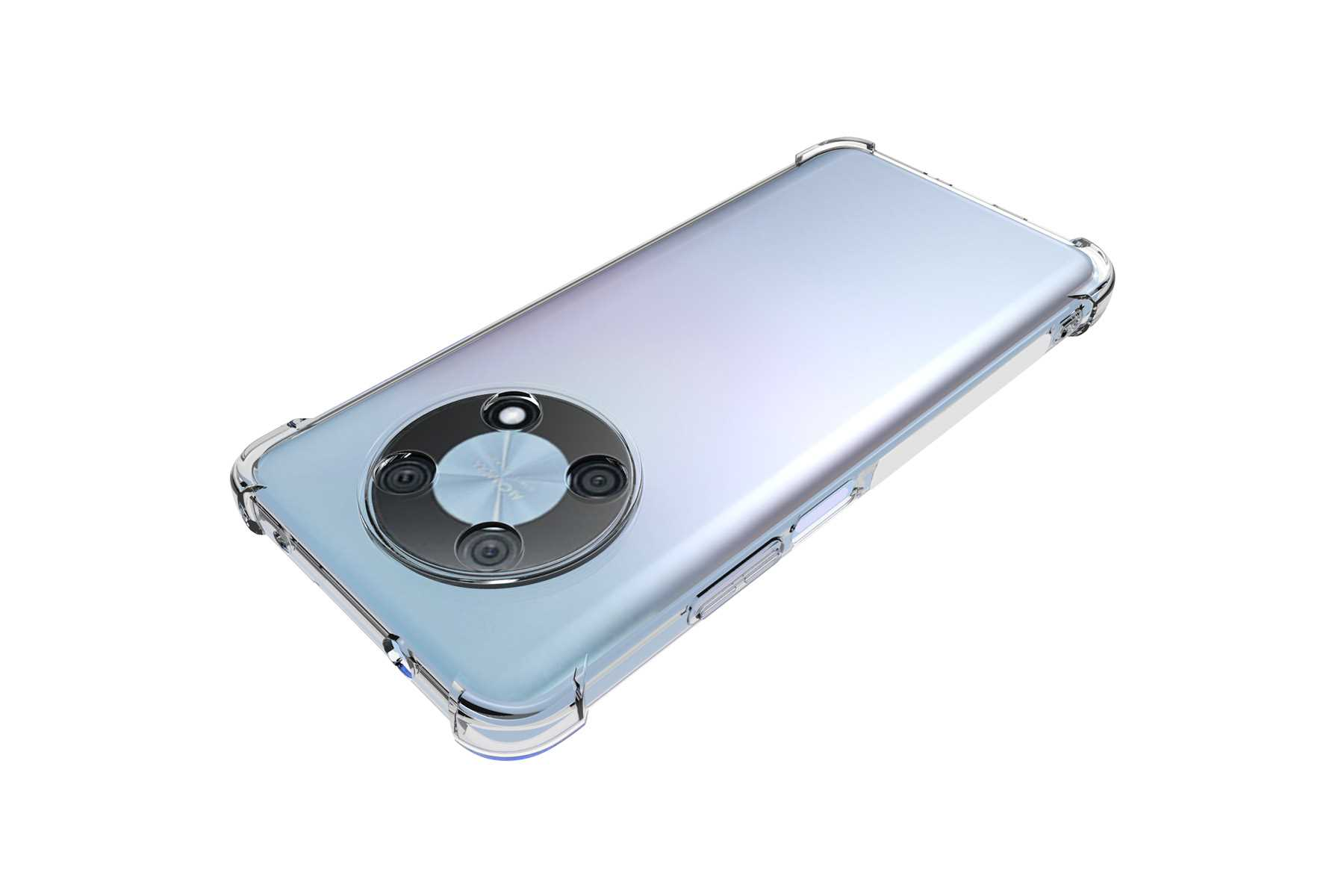 Ein Telefon in einer transparenten Schutzhülle, mit Dreifach-Kameralinsen auf der Rückseite.