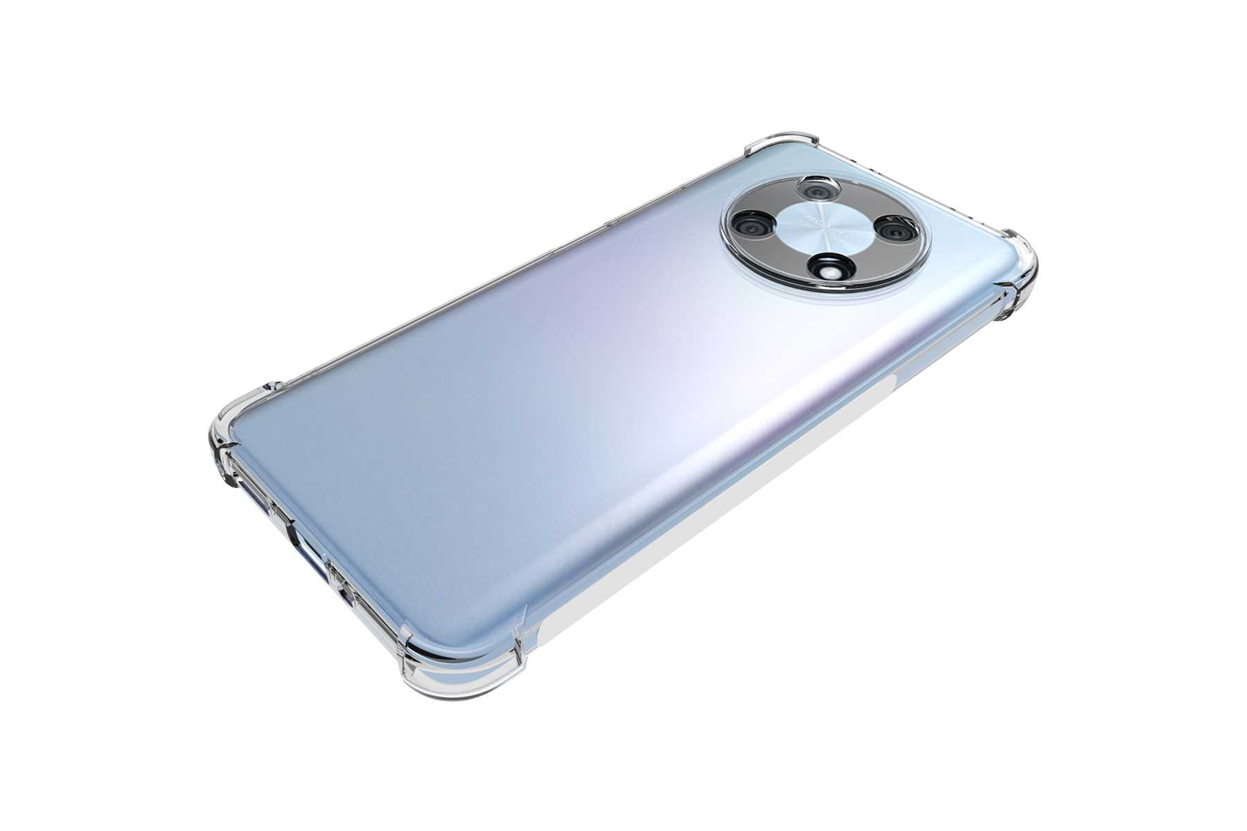 Transparente Handyhülle auf hellblauem Telefon mit Dreifachkamera.
