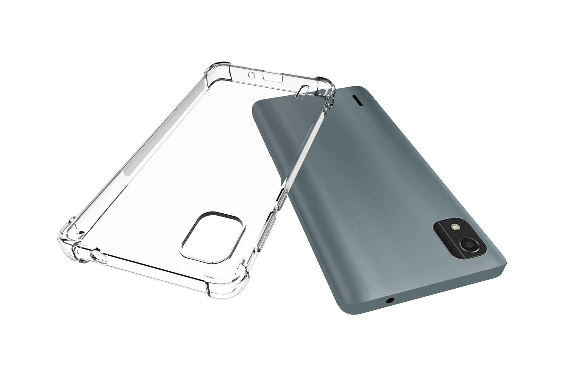 Transparente Handyhülle, offen neben einem grauen Telefon. Die Hülle ist transparent und das Telefon hat eine Kamera.