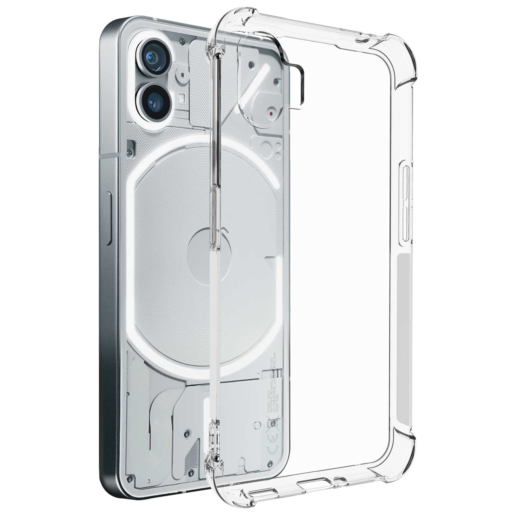 Eine transparente Handyhülle auf einem silbernen Telefon. Die Handyhülle hat einen klaren Schutzrahmen.
