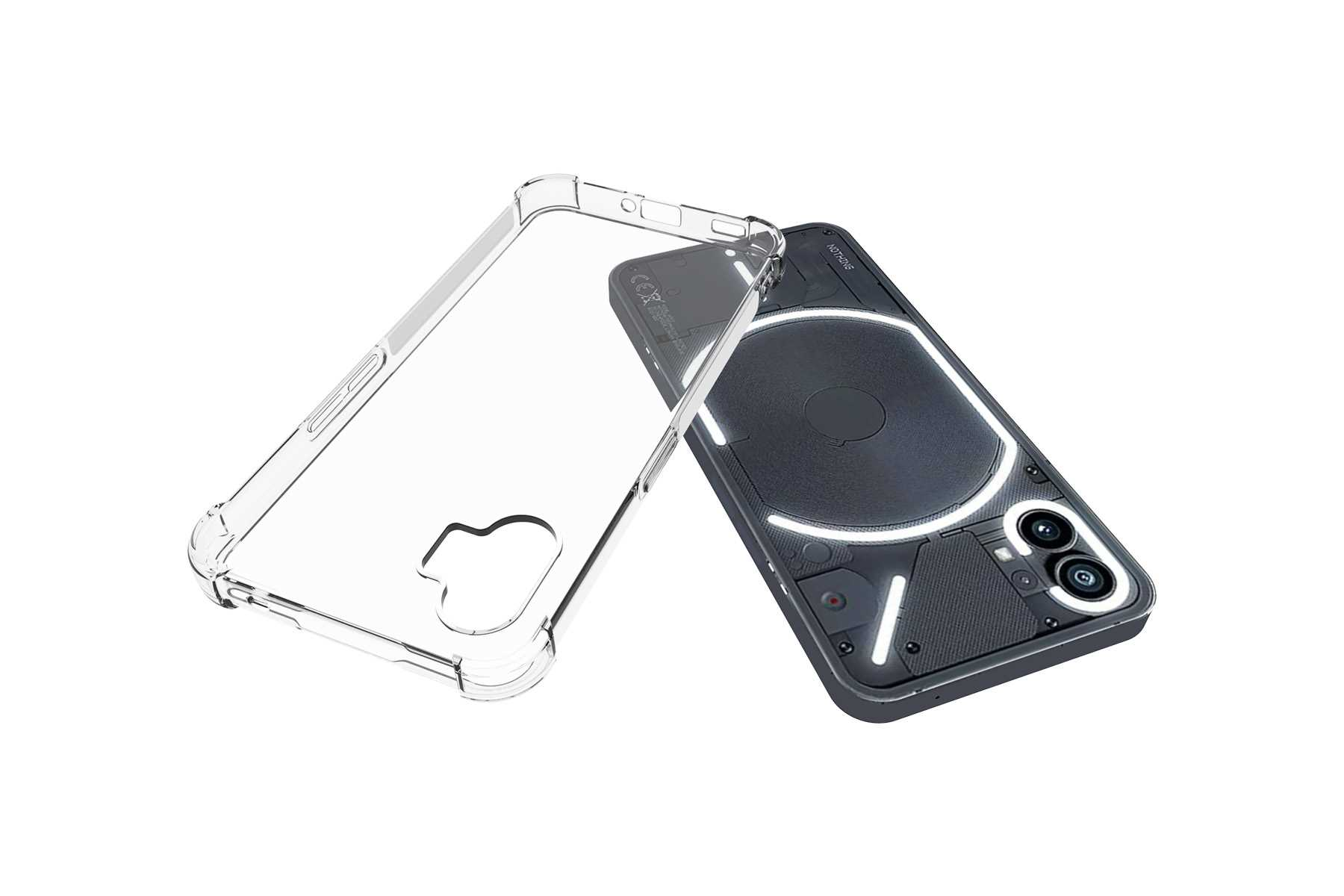 Transparente Handyhülle und Nothing-Handy, auf Weiß. Das Handy hat ein einzigartiges Design.