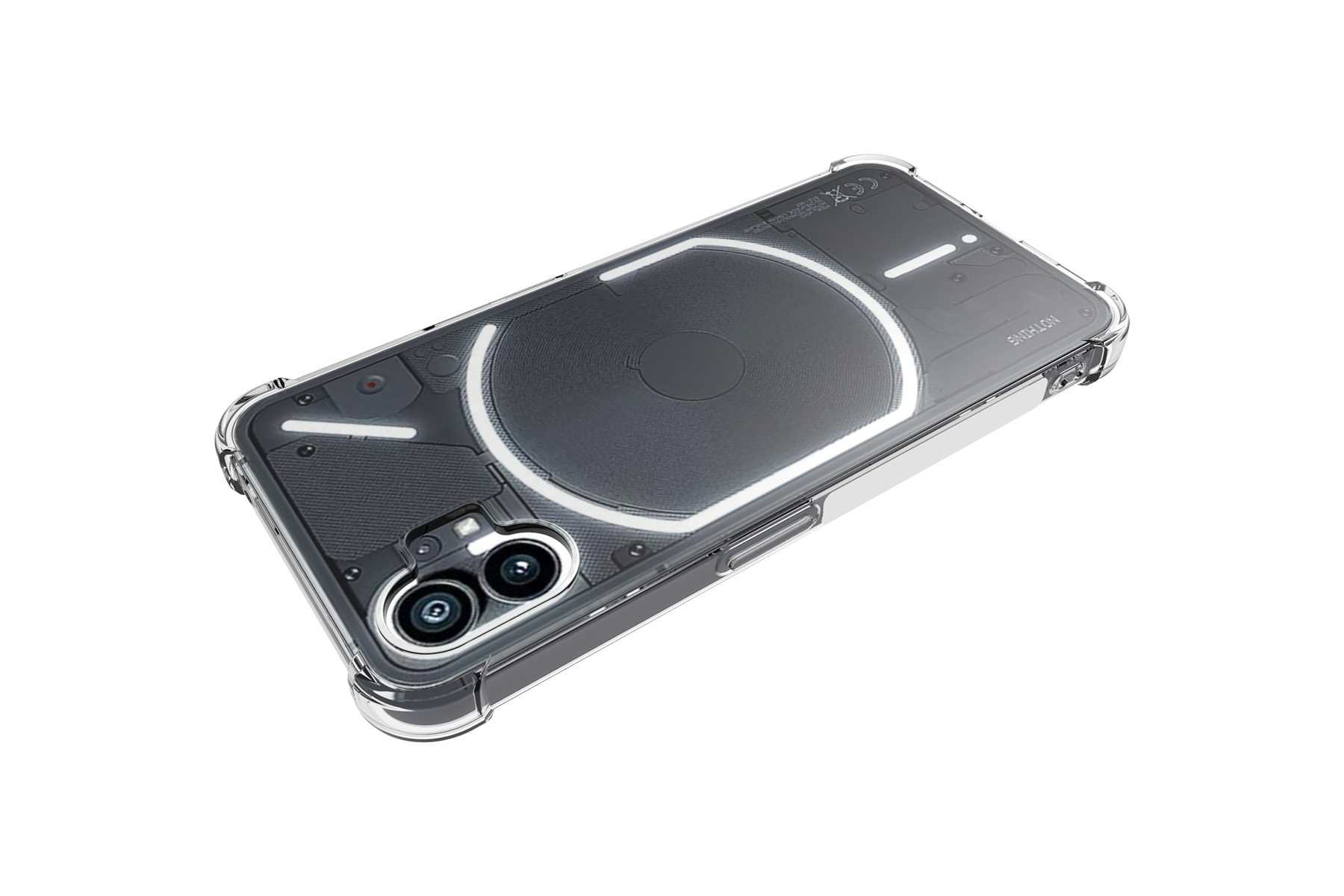 Eine transparente Handyhülle mit einem schwarzen Nothing-Telefon darin. Das Telefon hat zwei Kameras und eine weiße Umrandung.