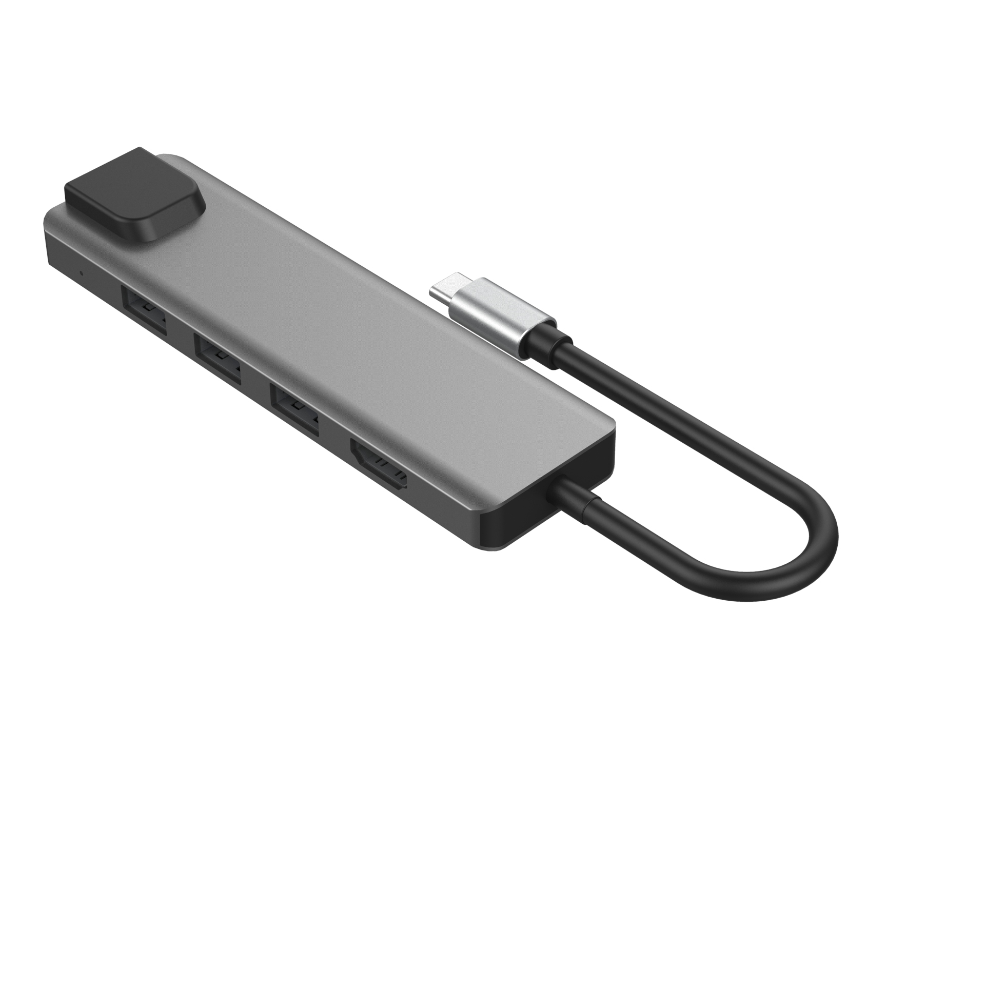 Grauer USB-C-Hub mit mehreren Anschlüssen und einem schwarzen Kabel.