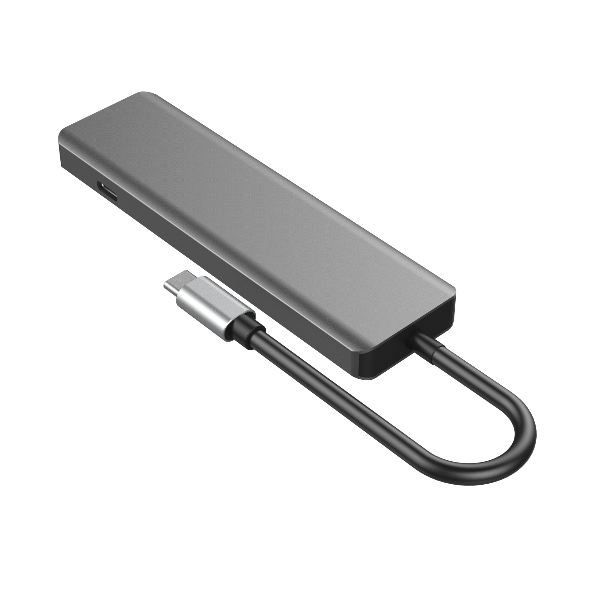 Ein grauer USB-C-Hub mit Kabel. Der Hub ist rechteckig und hat mehrere Anschlüsse.