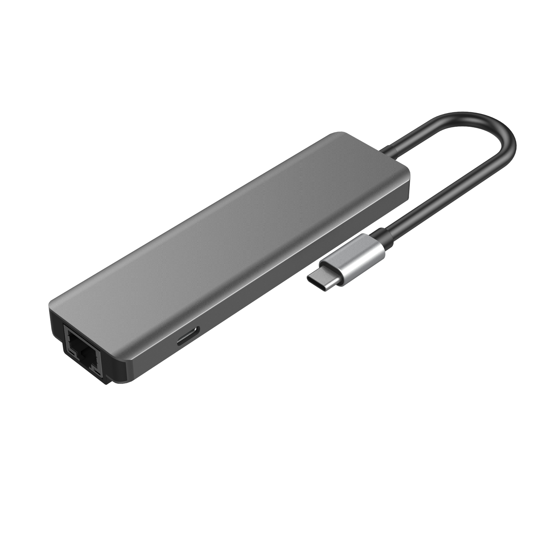 Ein grauer USB-C-Hub mit mehreren Anschlüssen und einem schwarzen, angeschlossenen Kabel. Es liegt auf weißem Grund.