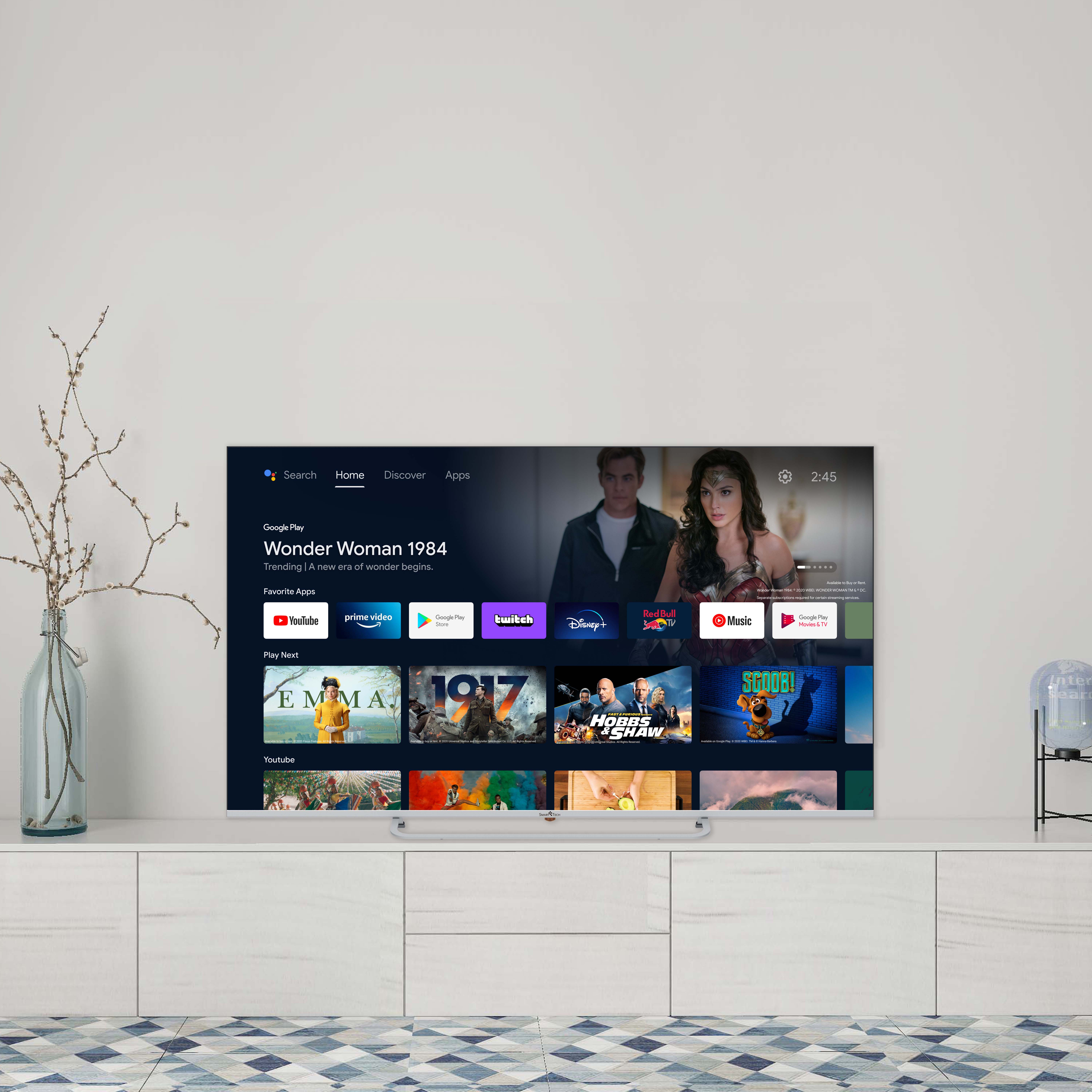 Un televisor que muestra una interfaz de servicio de transmisión con varios carteles de películas.