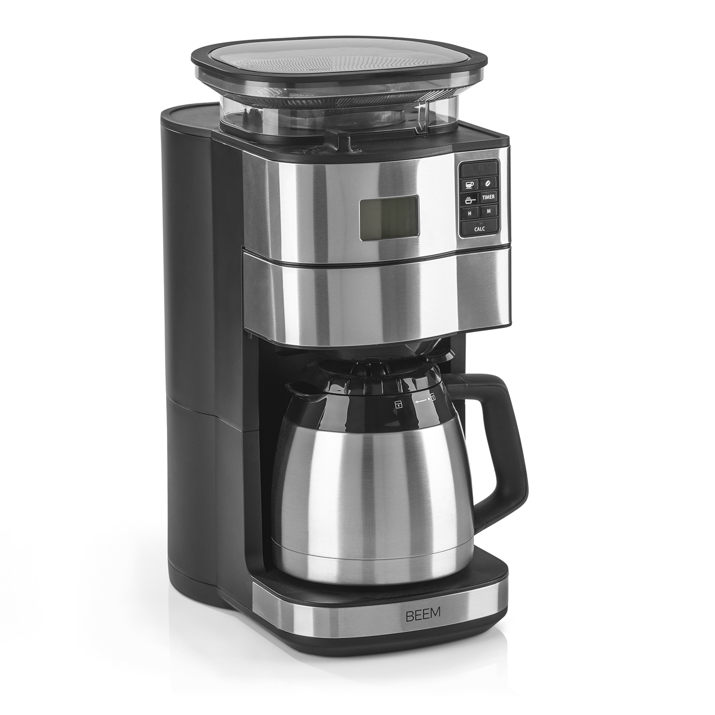 Caffettiera in acciaio inox con caraffa in vetro e display digitale.