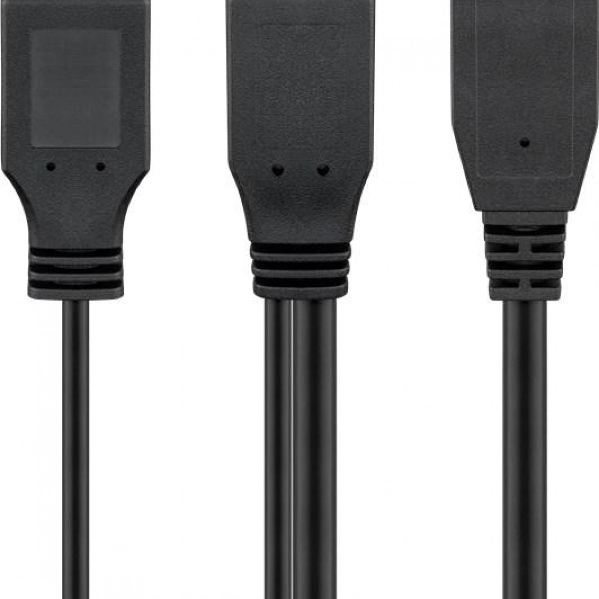 Tre cavi USB neri con connettori diversi. I cavi sono vicini.