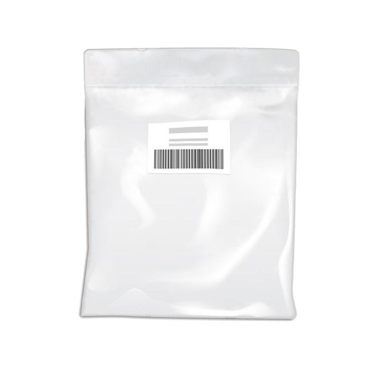Przezroczysta plastikowa torba, zamknięta u góry, z białą etykietą i kodem kreskowym.